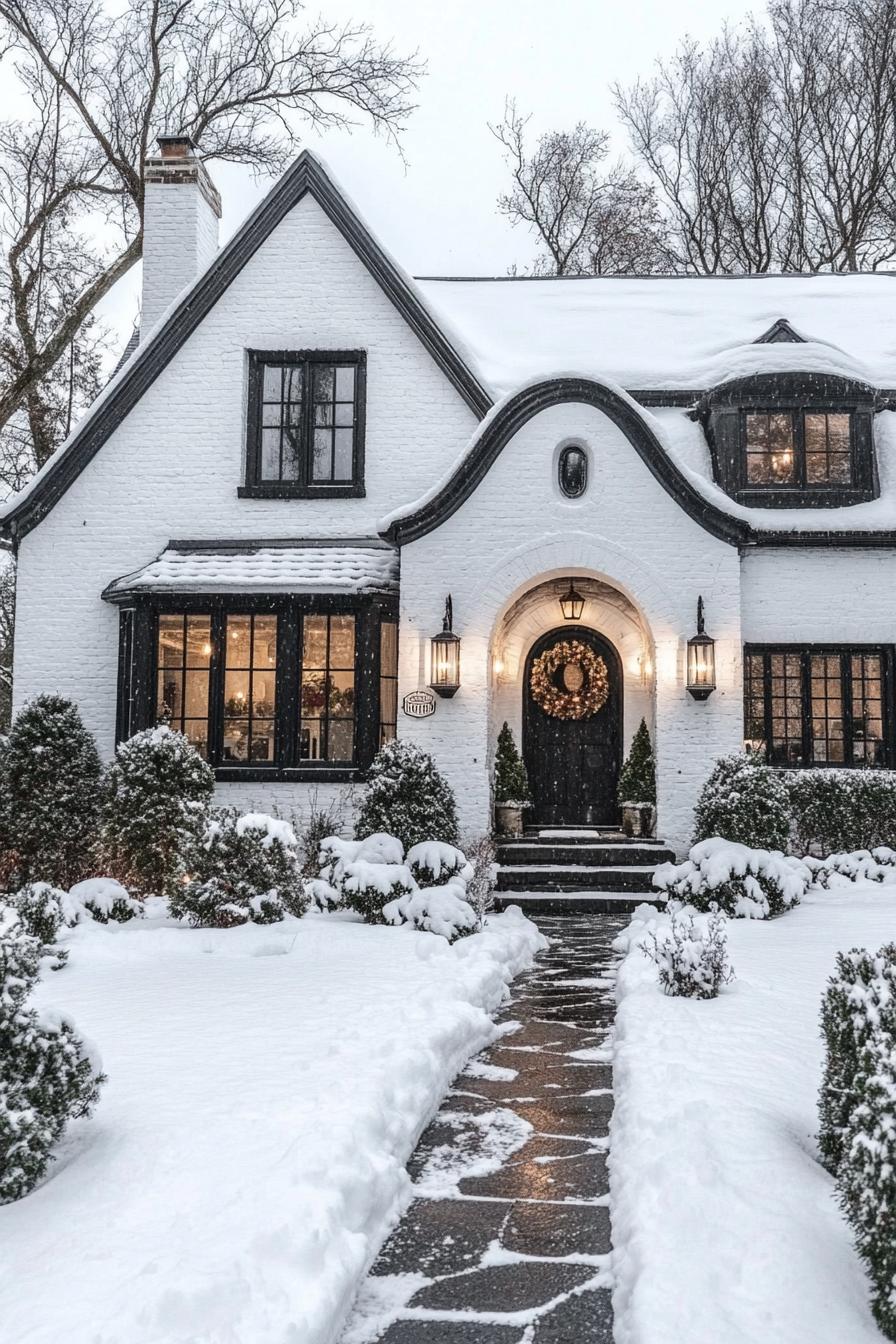 Cozy Tudor abode blanketed in snow, glowing warmly