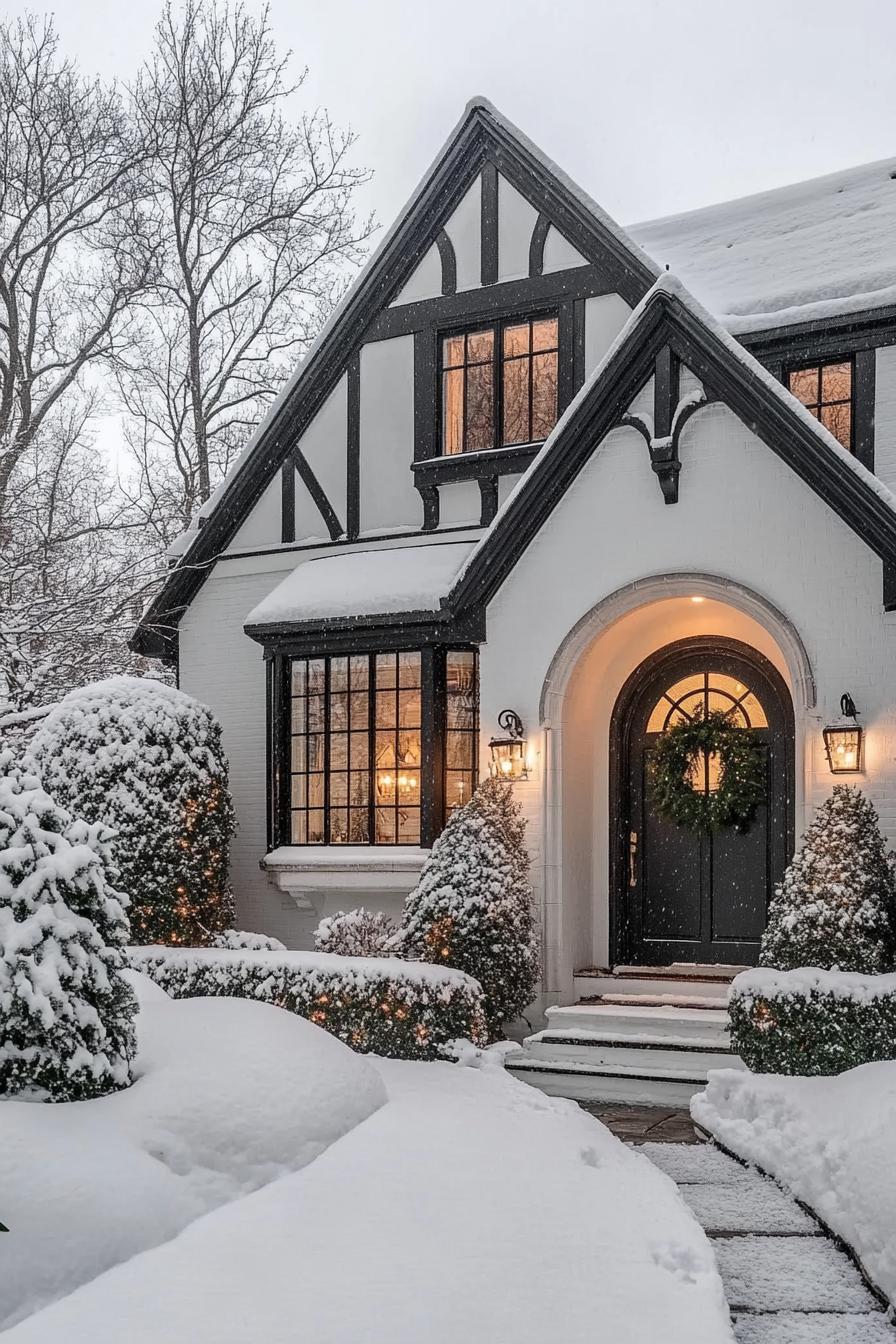 Snow-covered Tudor house with black timber accents and warm lighting