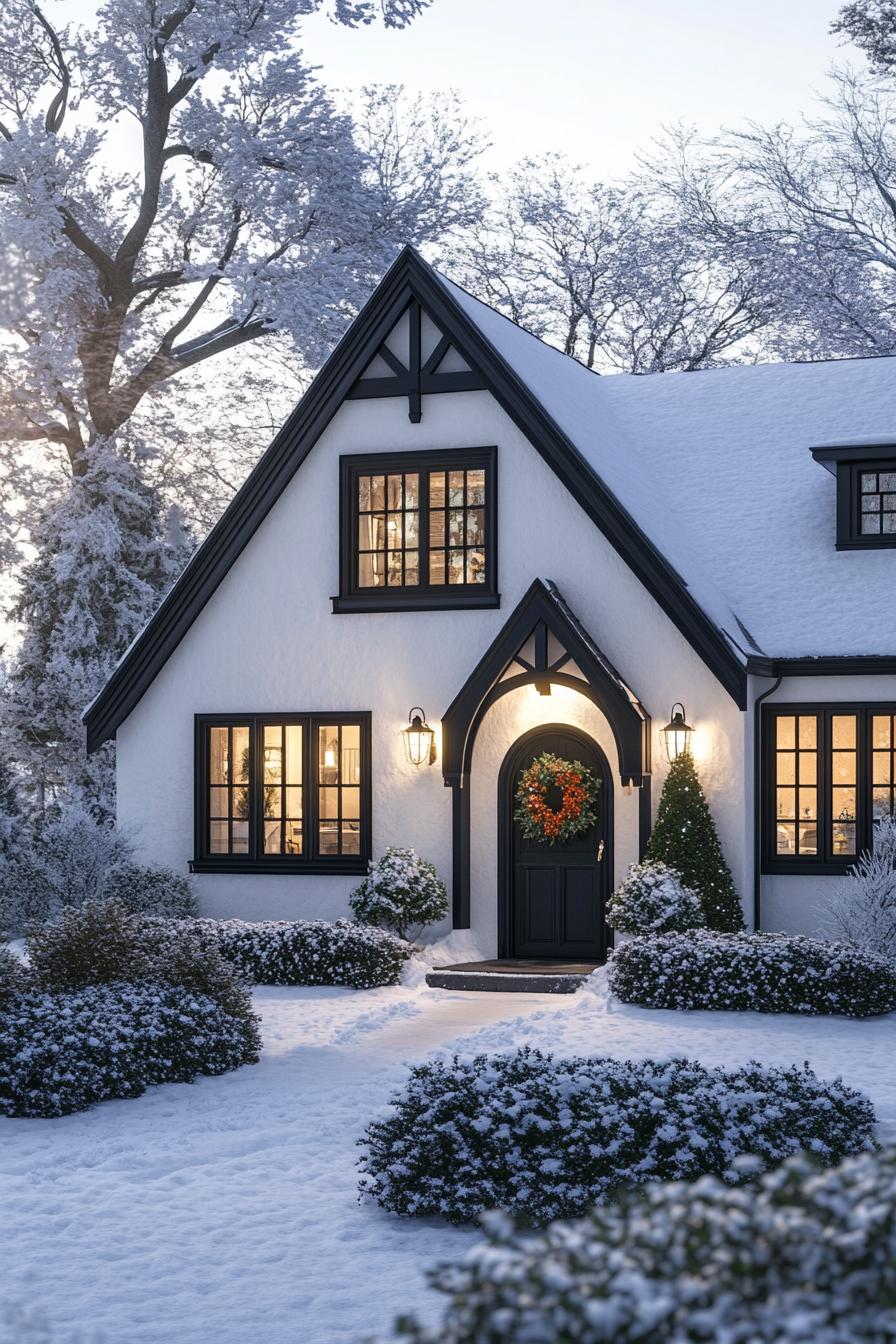 Snow-covered Tudor house with warm lights glowing