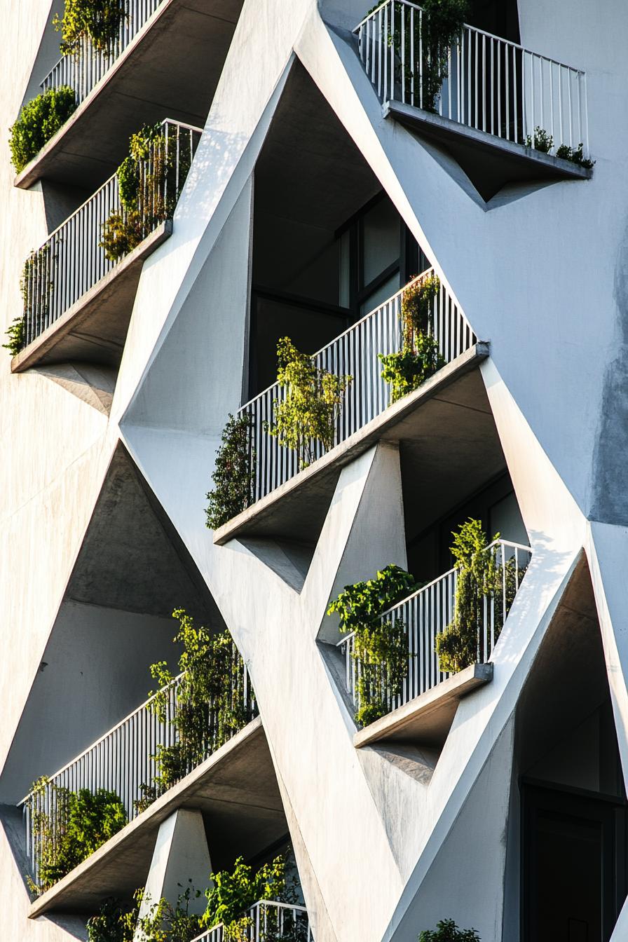 Unique balconies with angular design featuring greenery