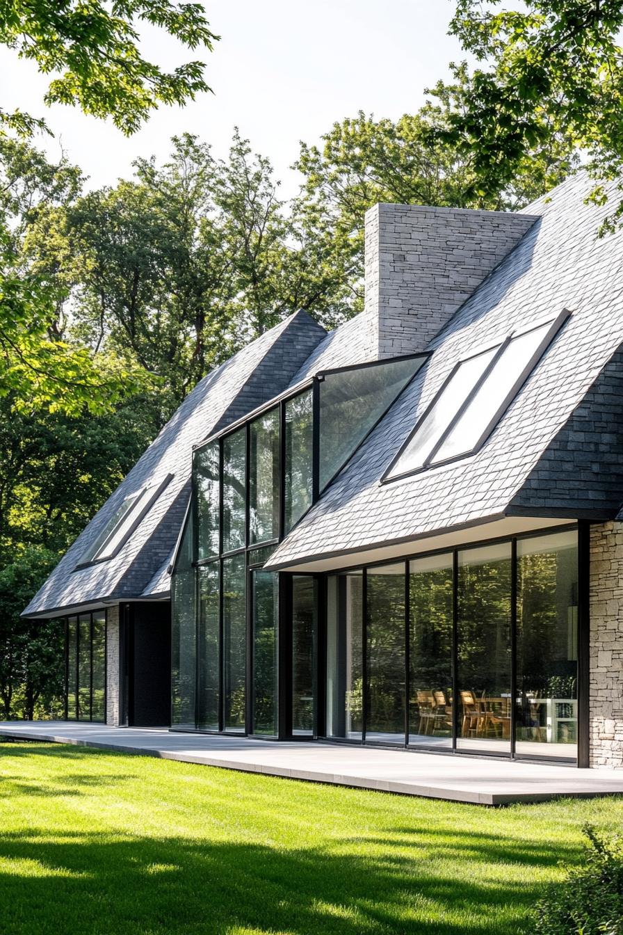 Long house with large windows and a stone exterior, surrounded by lush greenery