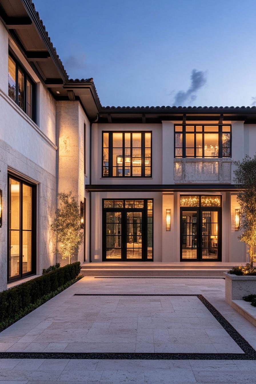 Elegant luxury home with glowing windows at dusk