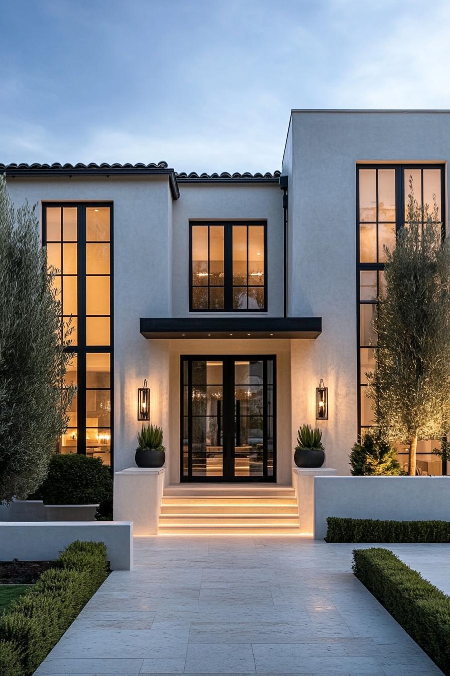 Luxurious entrance of a modern home at dusk