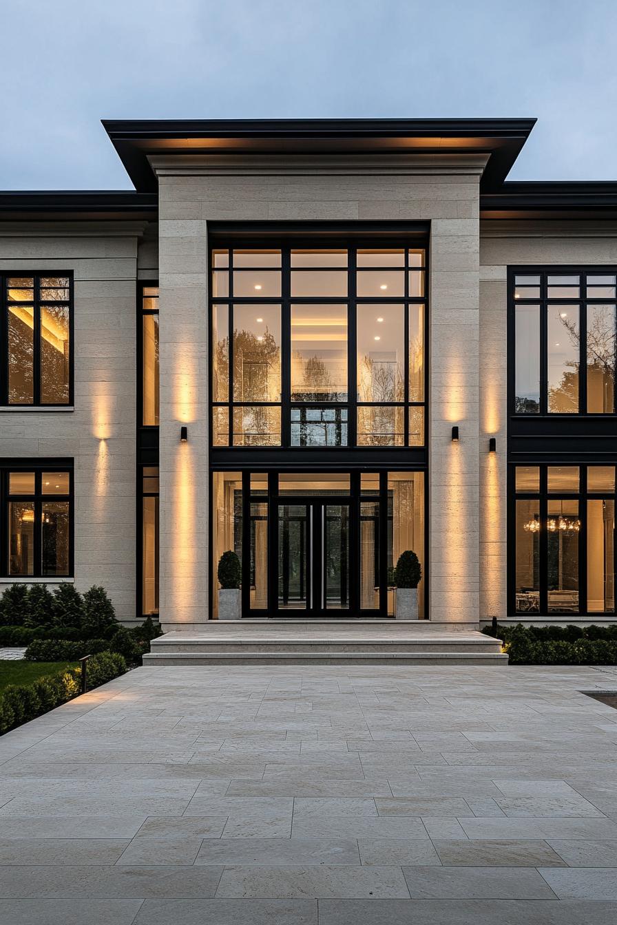 Elegant mansion entrance with large geometric windows