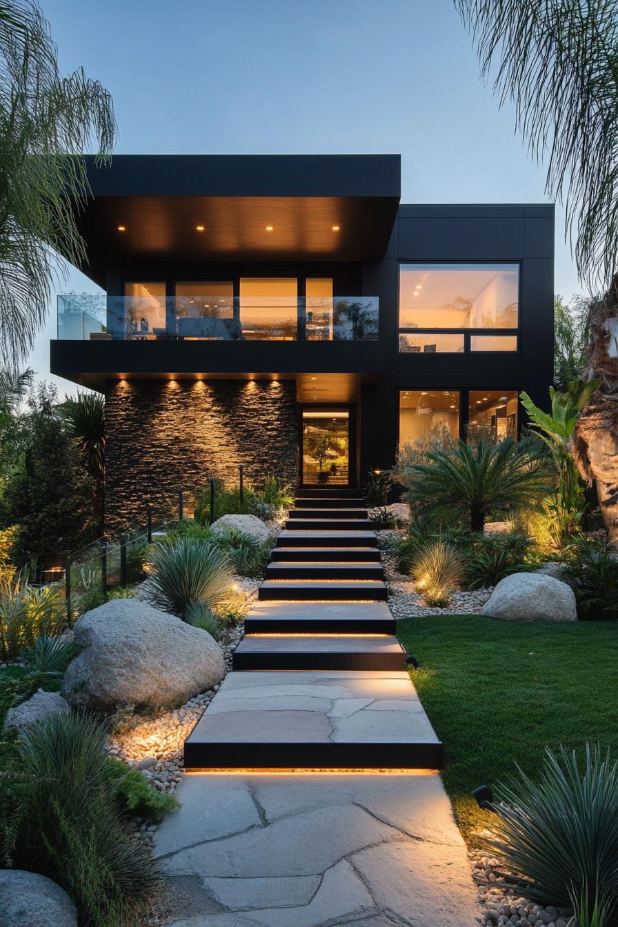 Modern house with large windows, a stone facade, and a stylish garden path