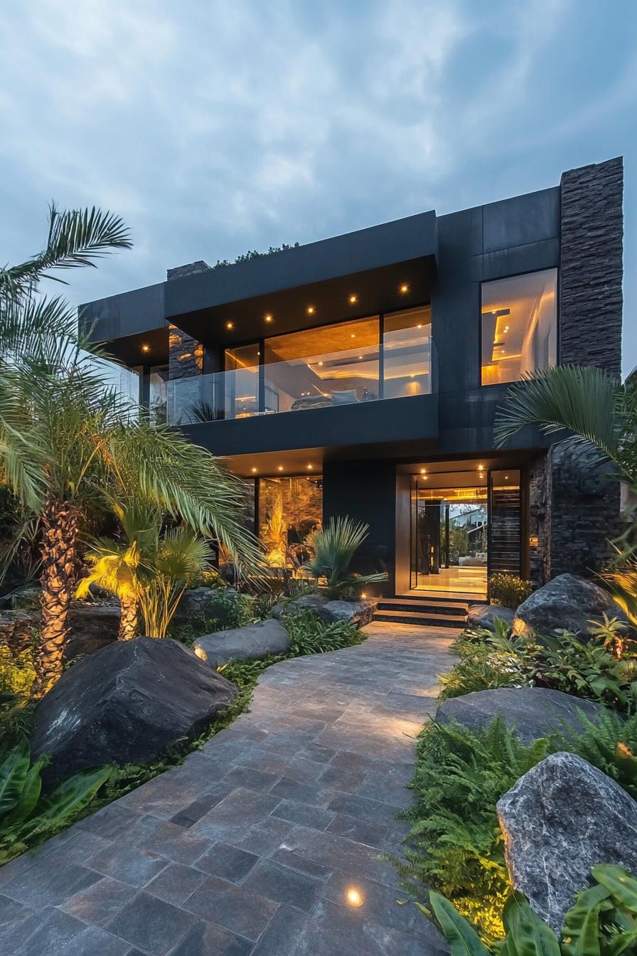 Modern glass house with illuminated pathway amidst lush greenery