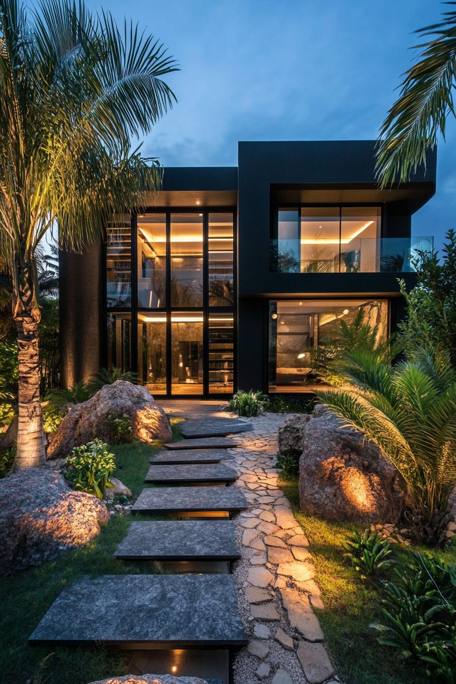 Modern house with glass facade surrounded by lush greenery and stone pathway