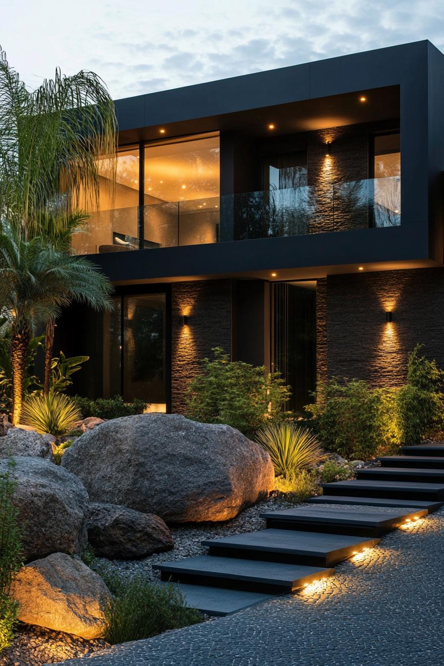 Modern house with floor-to-ceiling windows and garden lighting