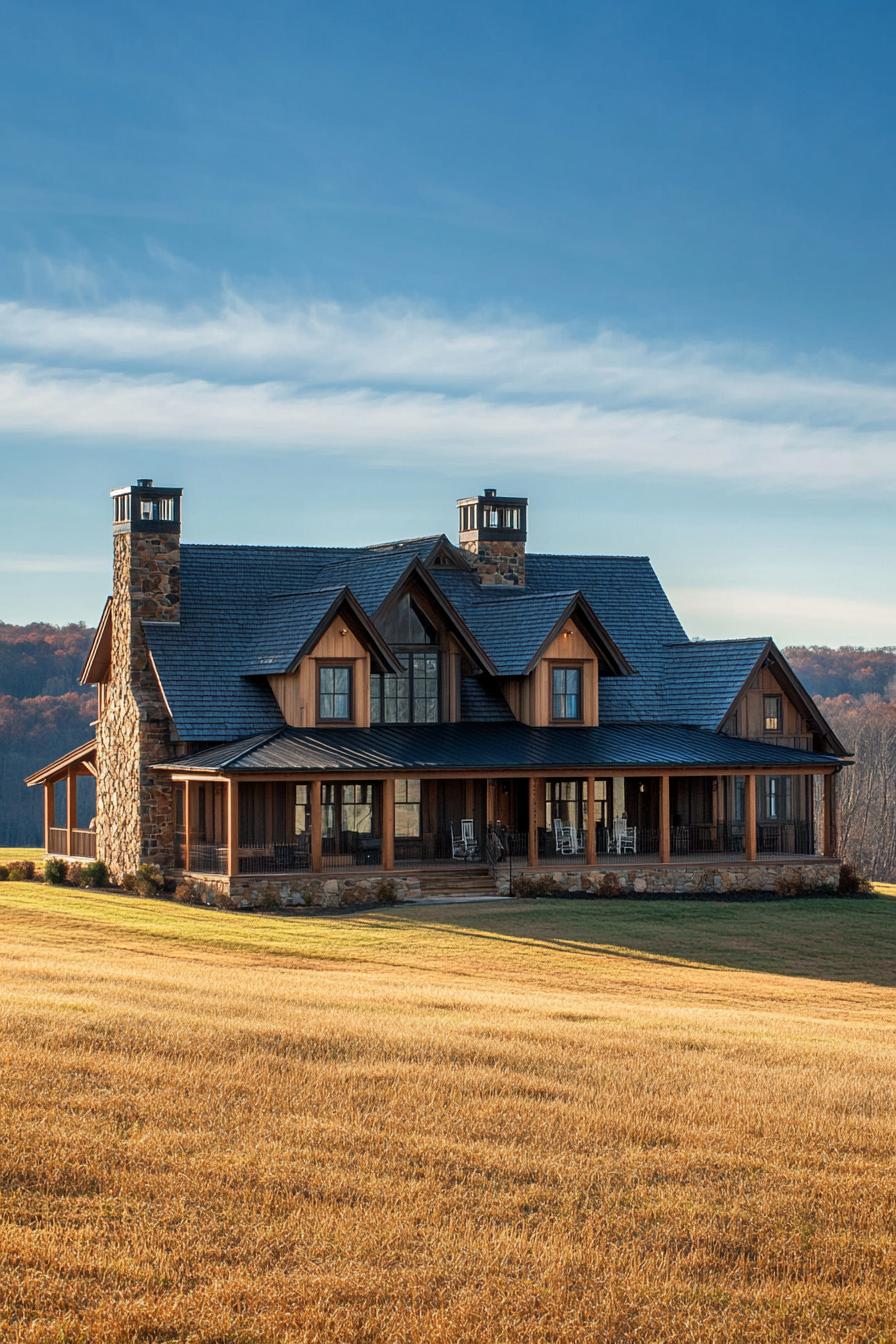 Charming countryside house with wraparound porch and stone chimneys