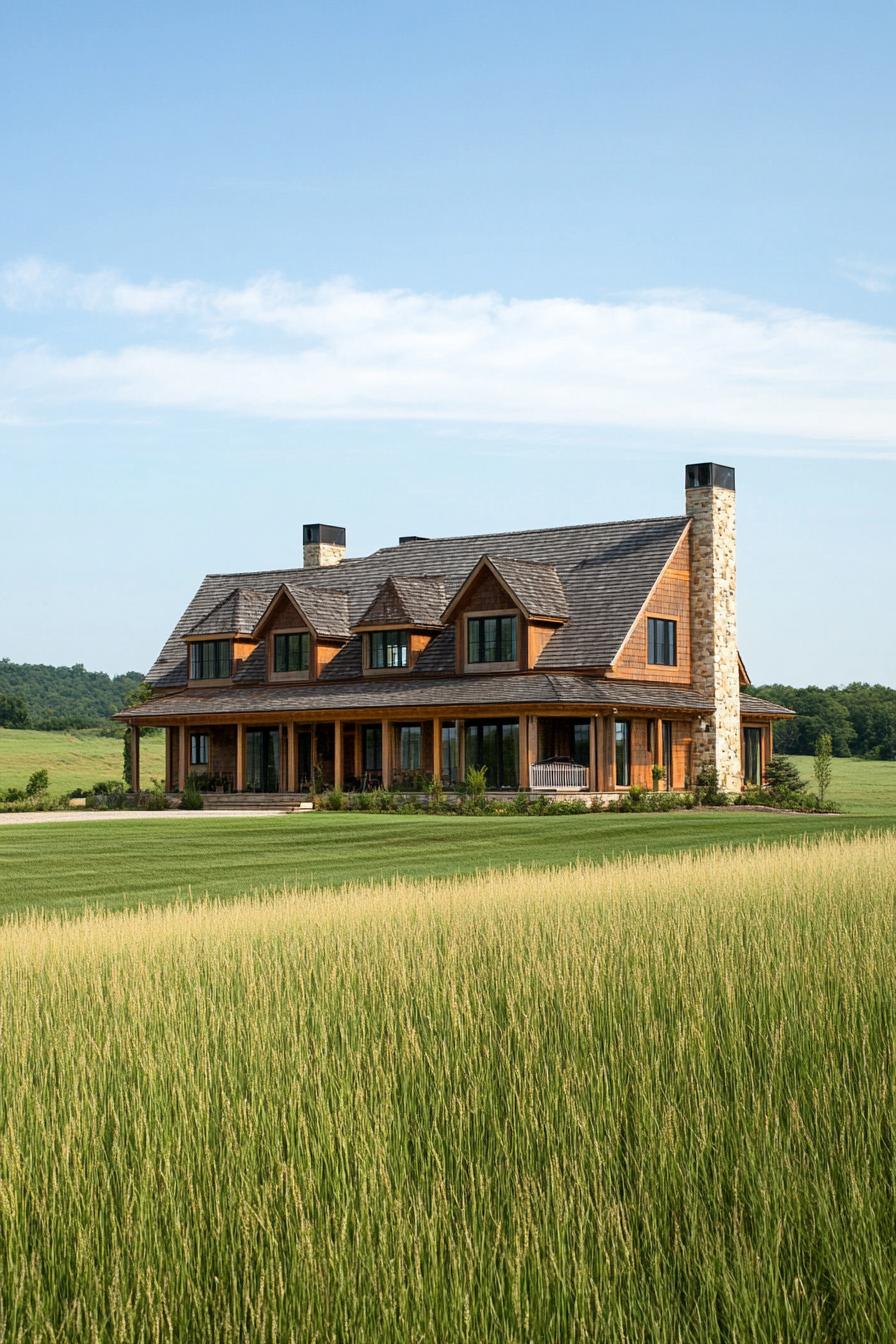 Charming wooden house with a stone chimney in a lush field