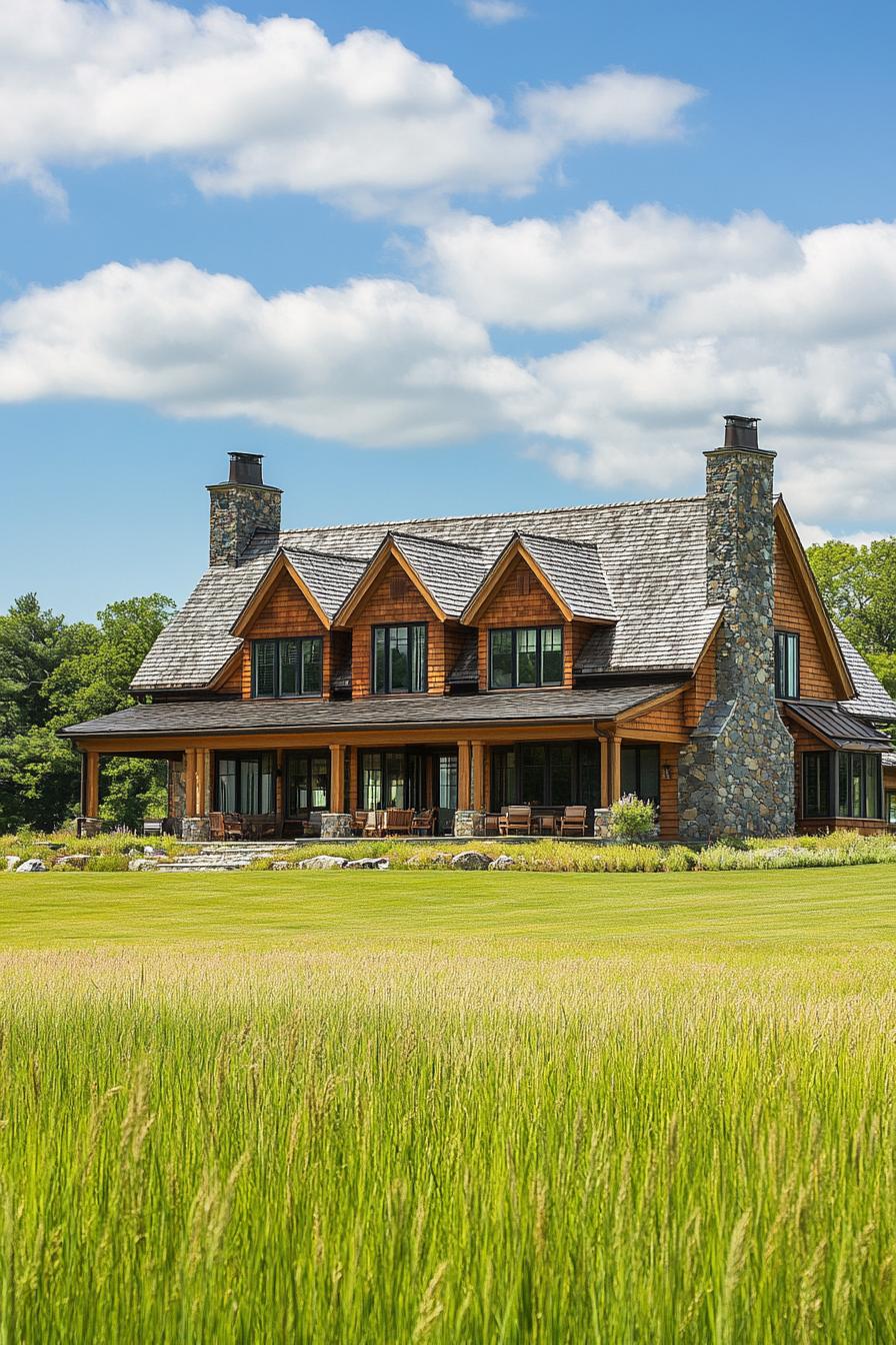 Warm-toned wooden house with stone chimneys