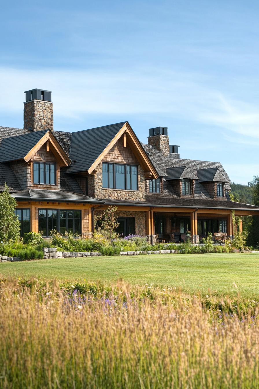 Rustic stone house with expansive lawn