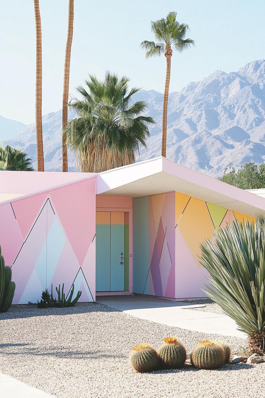 Colorful mid-century modern house with palm trees and desert landscape