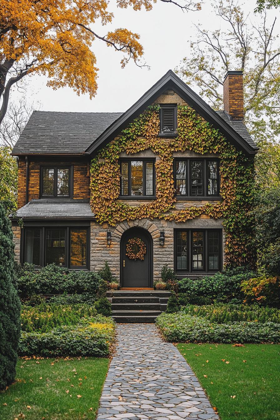 Quaint stone house adorned with fall ivy