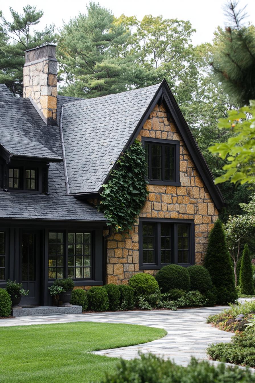 Charming stone house with ivy on a gabled roof