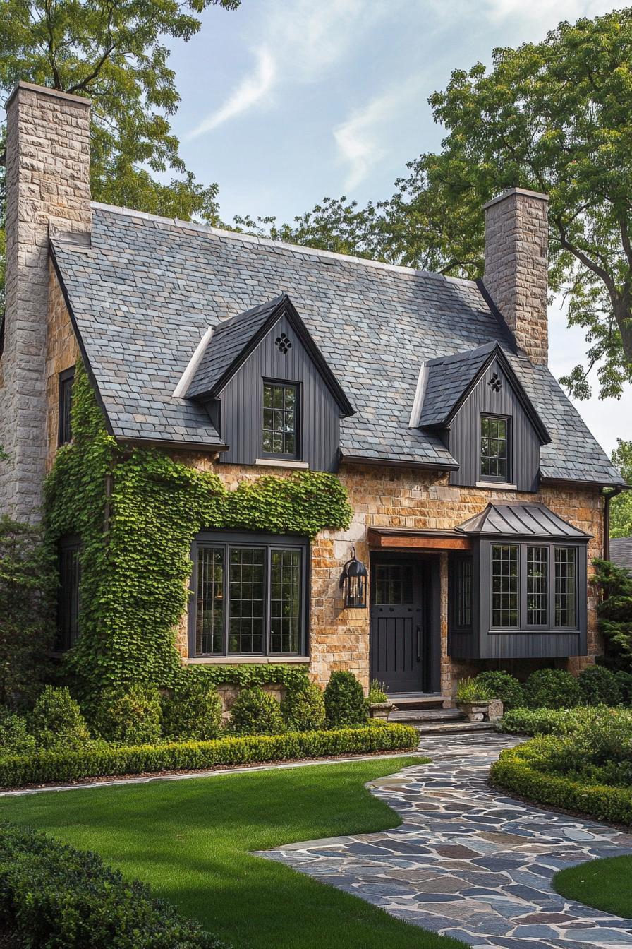 Charming stone house with ivy and slate roof