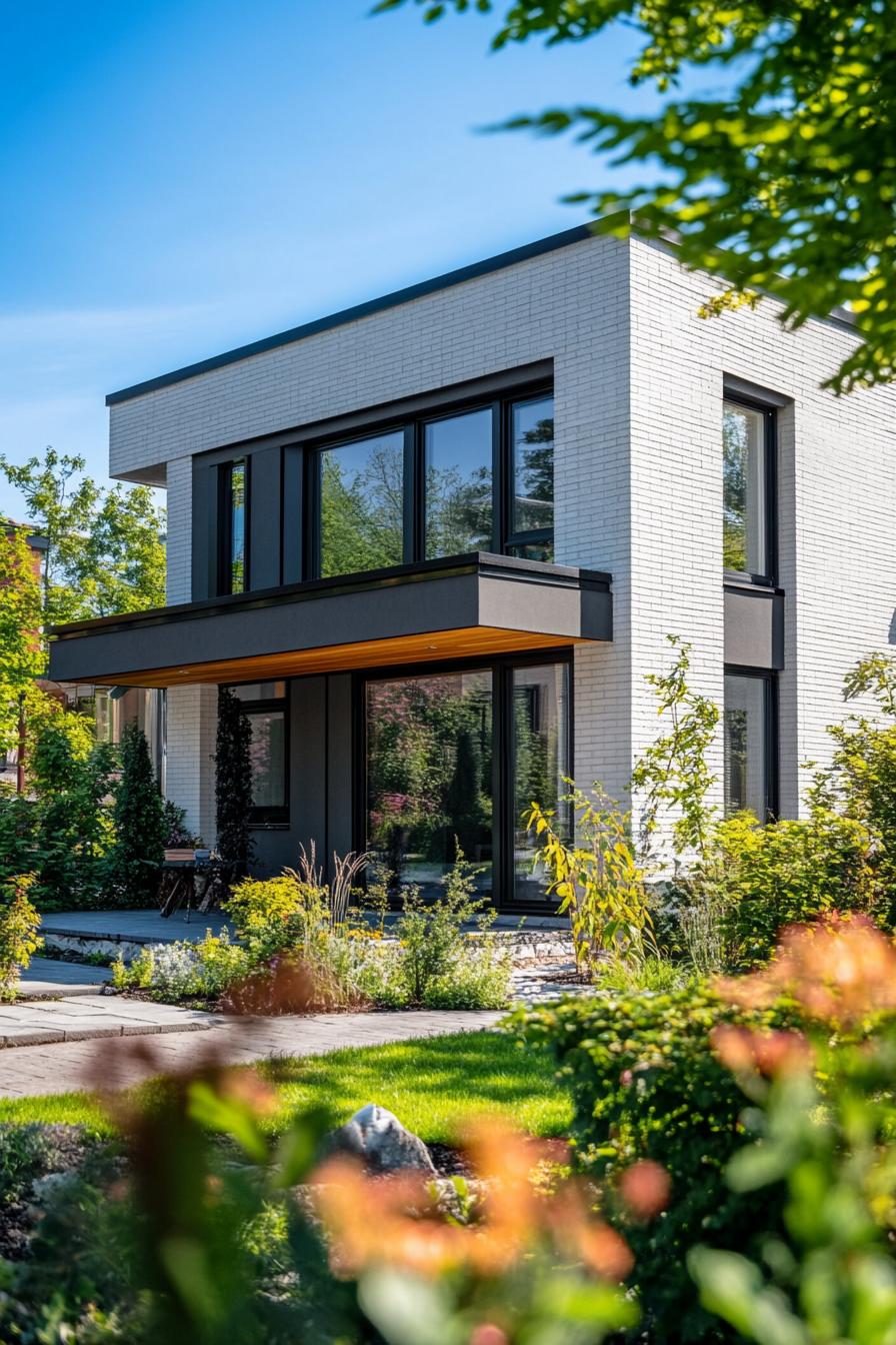 Chic flat roof house surrounded by lush greenery