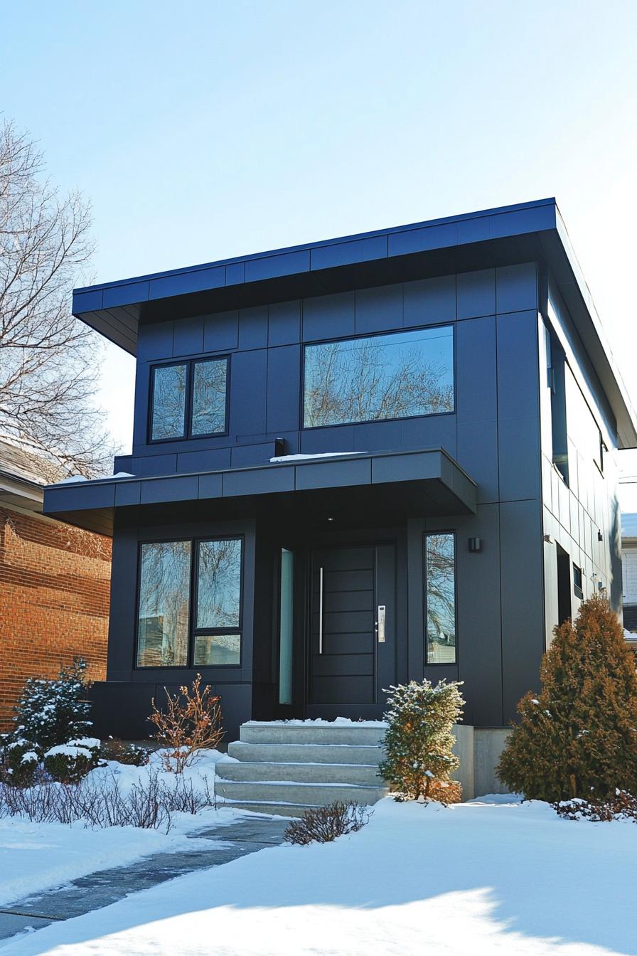 Modern flat roof house with sleek black exterior and large windows surrounded by snow