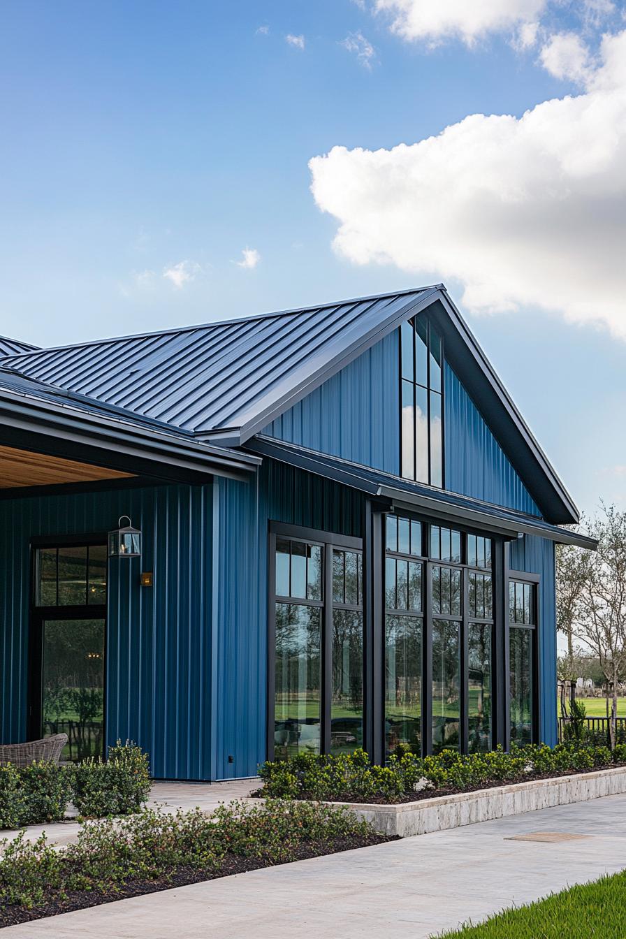 Modern metal house with large windows and gabled roof