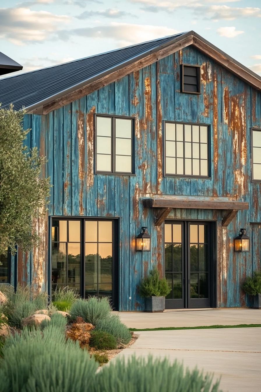 Rustic metal building with teal and rust accents