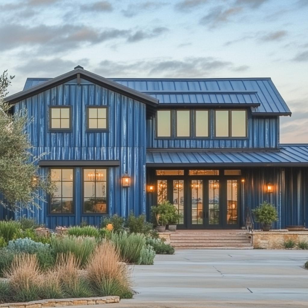 Blue metal house with large windows and lush landscaping