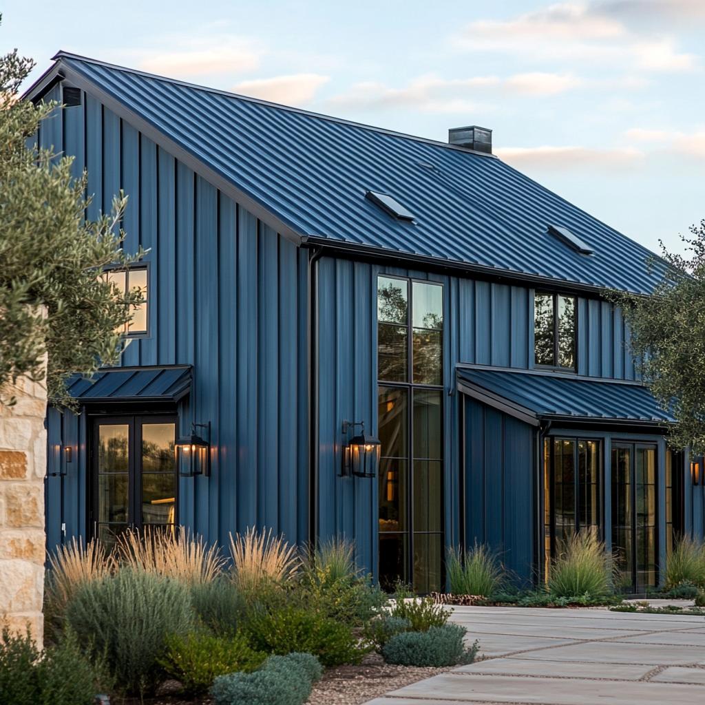 Sleek blue metal house with large windows