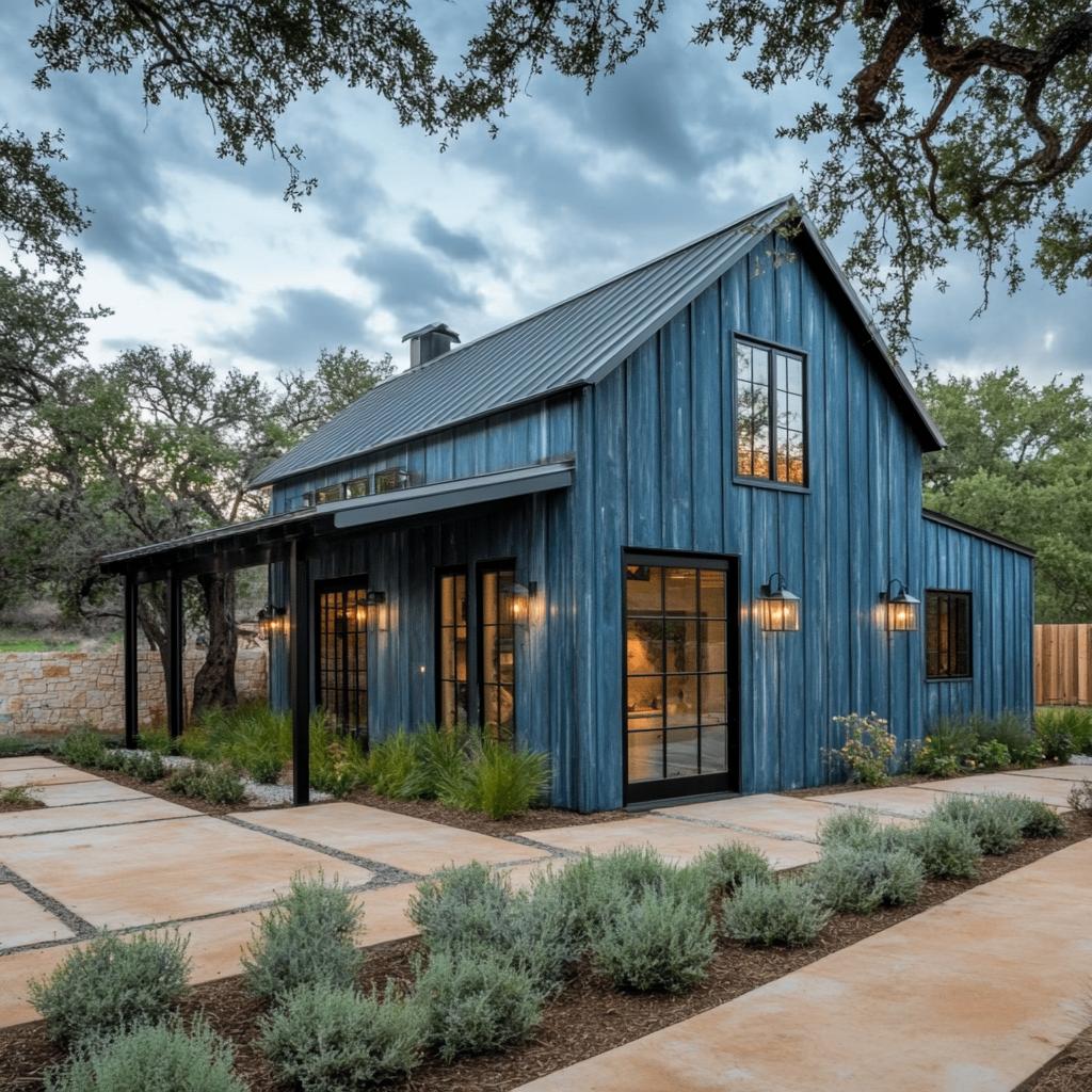 Contemporary metal house with a blue exterior