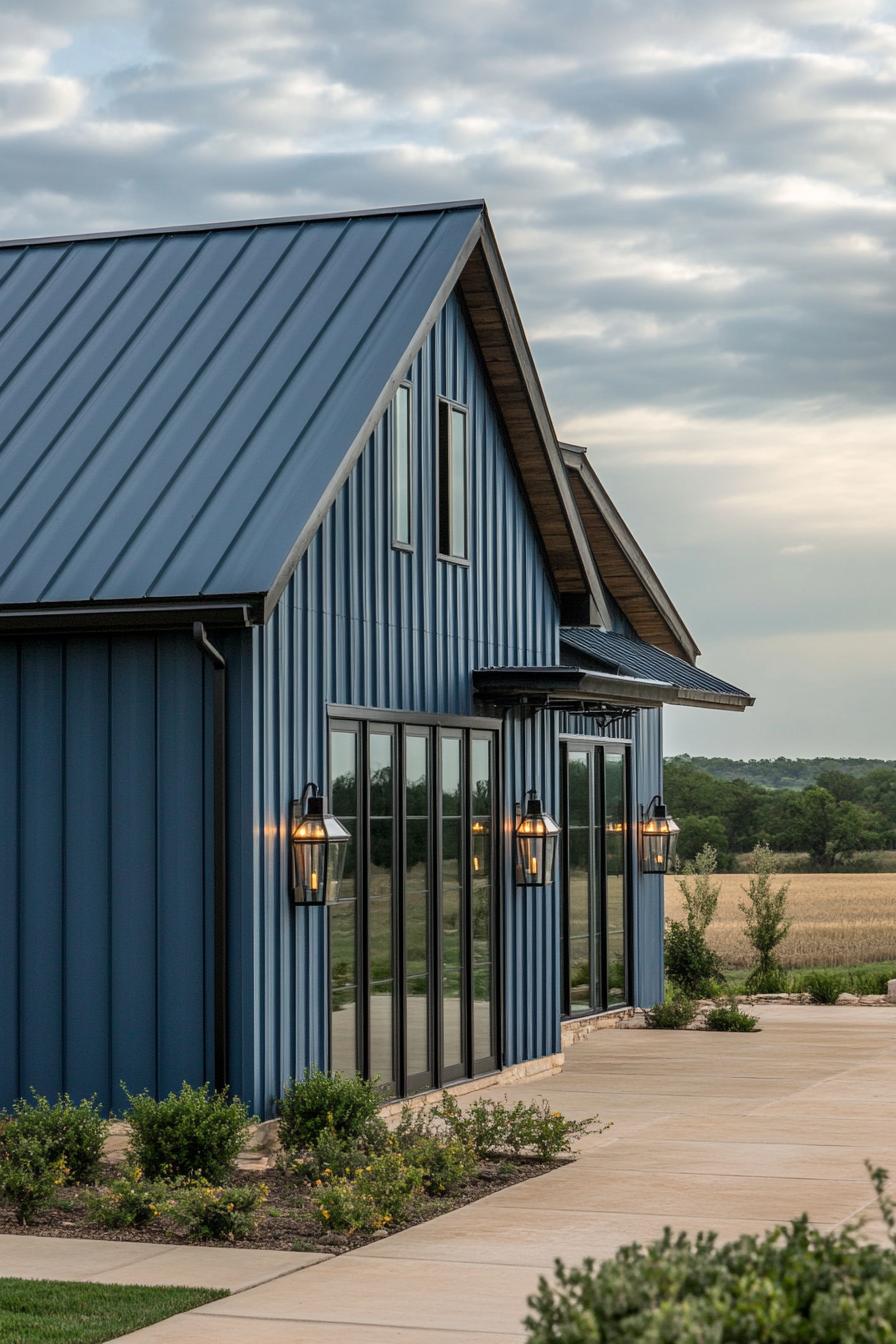 Front of a blue metal-clad home with large windows and outdoor lanterns