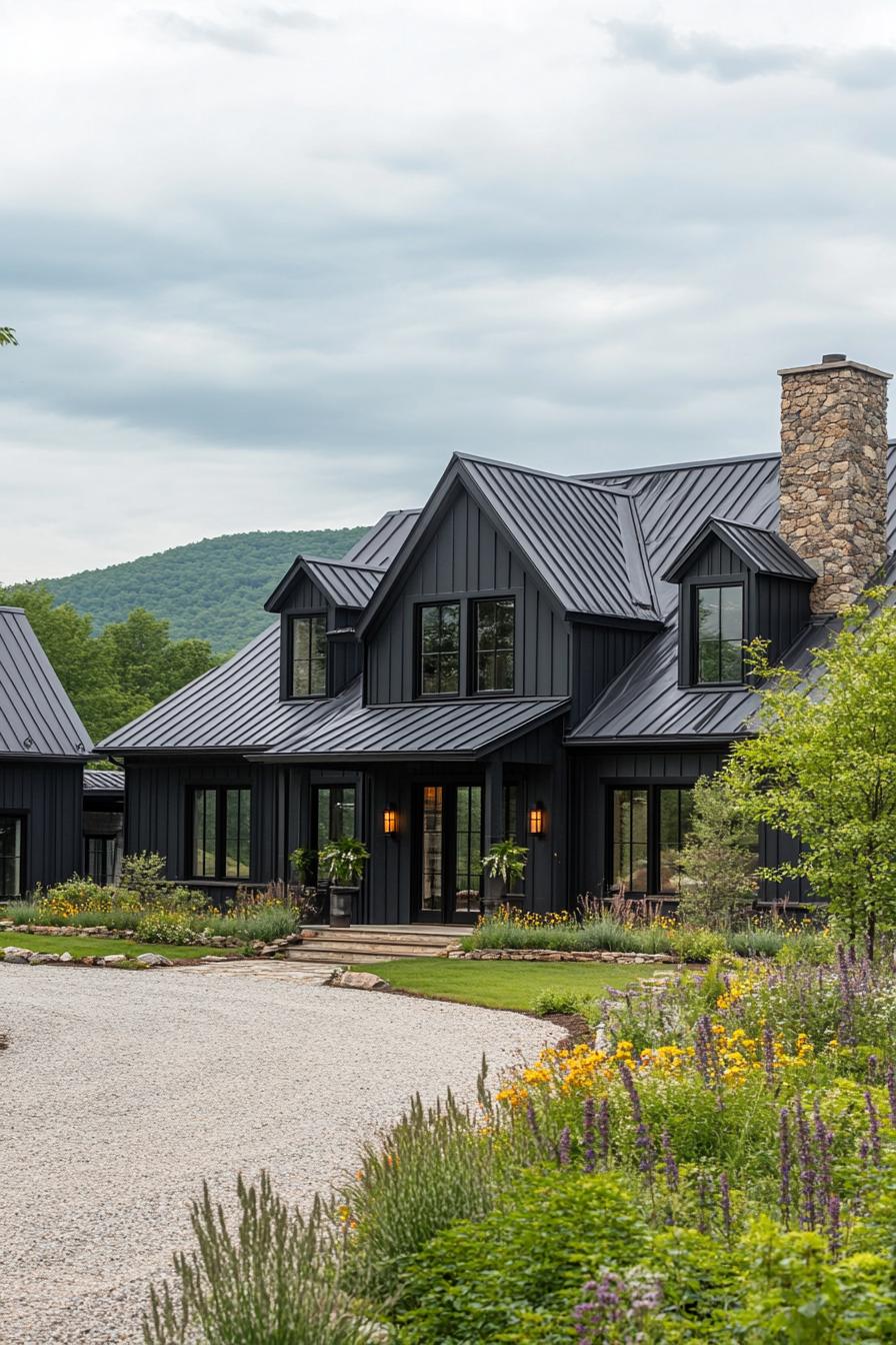 Dark farmhouse with steep gables and lush garden