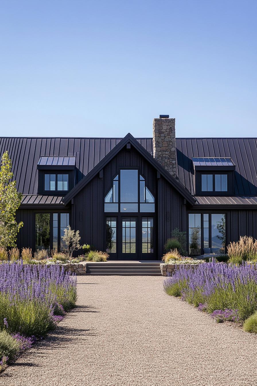 Mountain farmhouse with stone chimney and lush garden