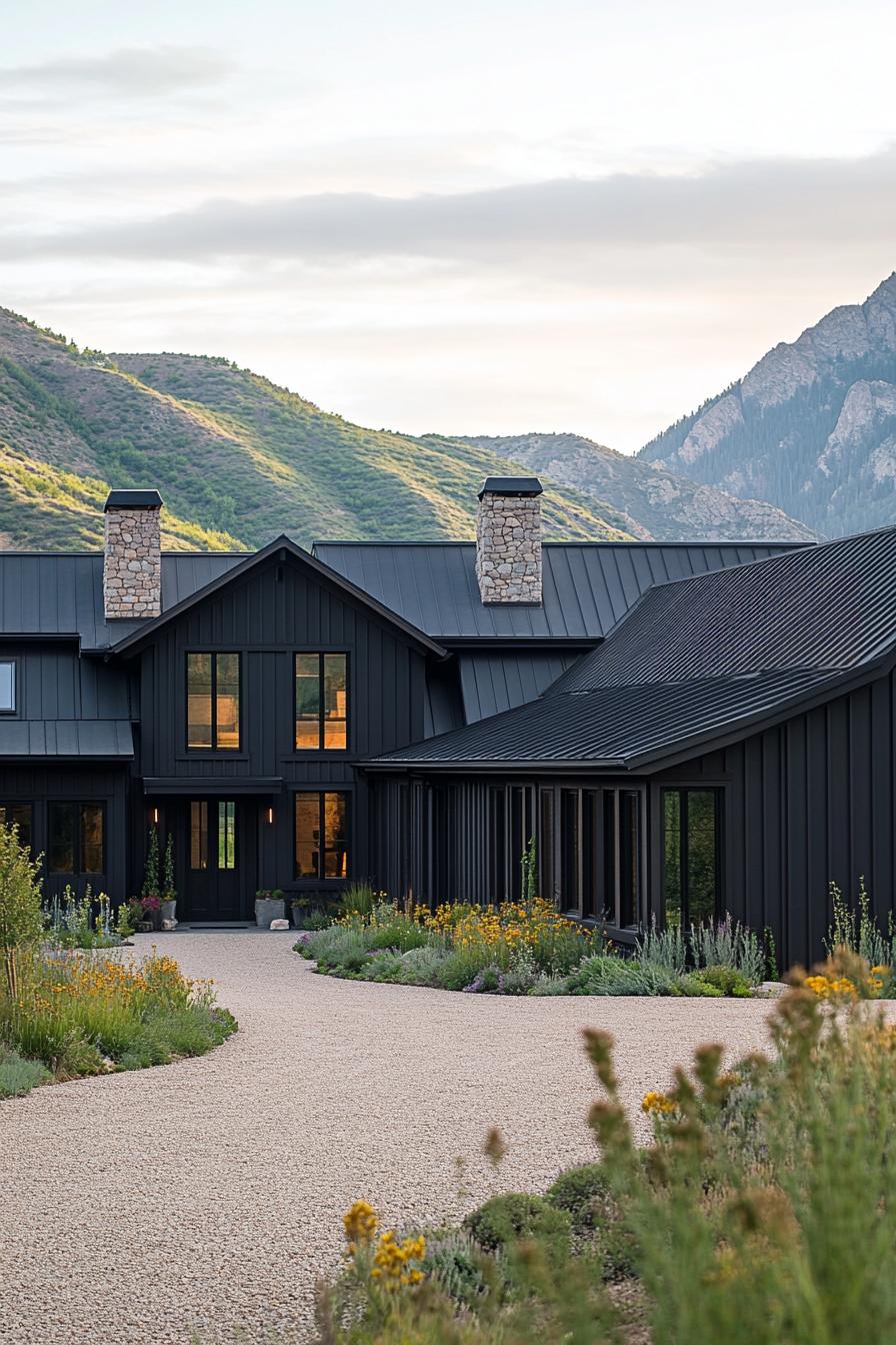 Modern farmhouse with dark facade in a mountain setting