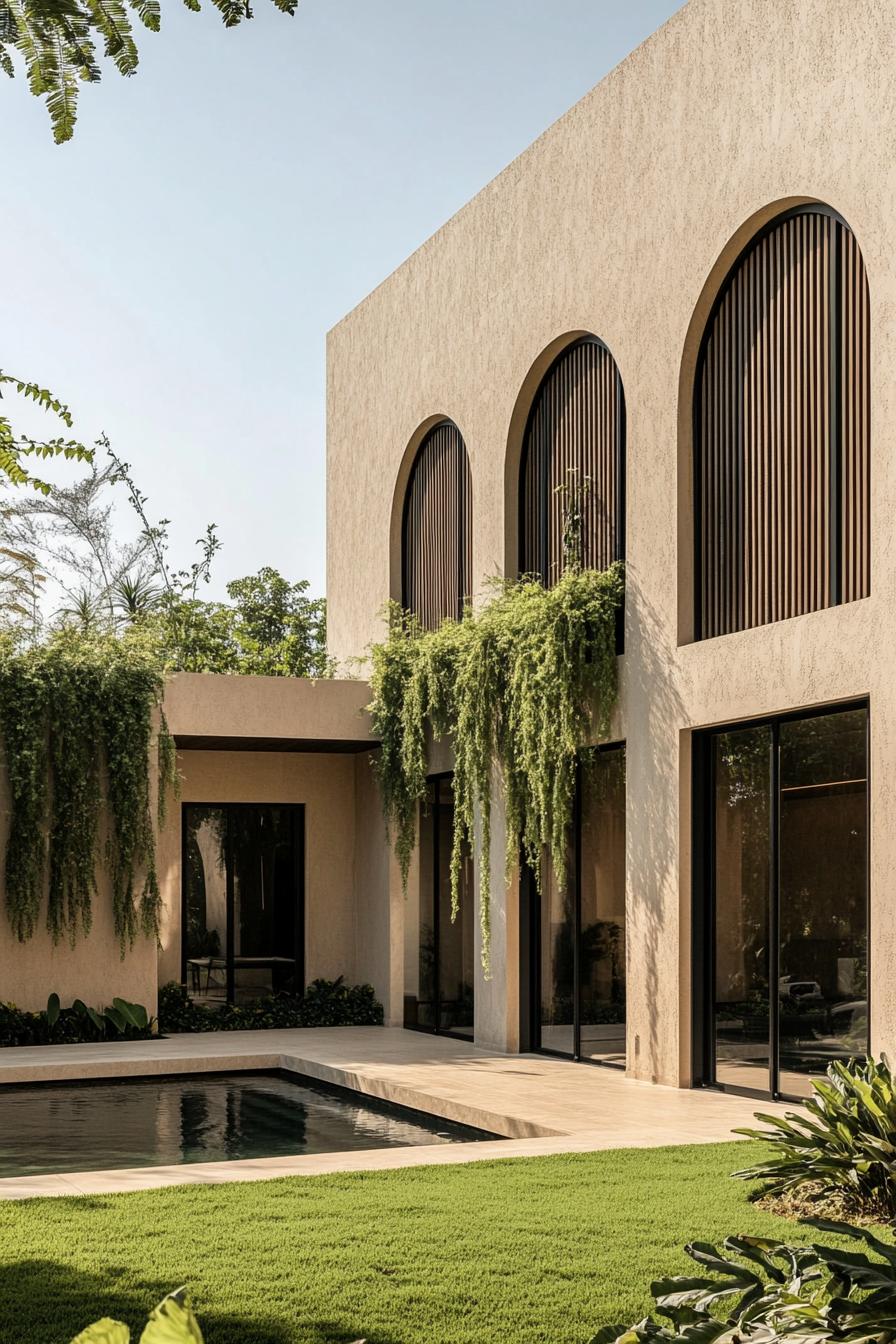 Modern home with arched windows and lush vines