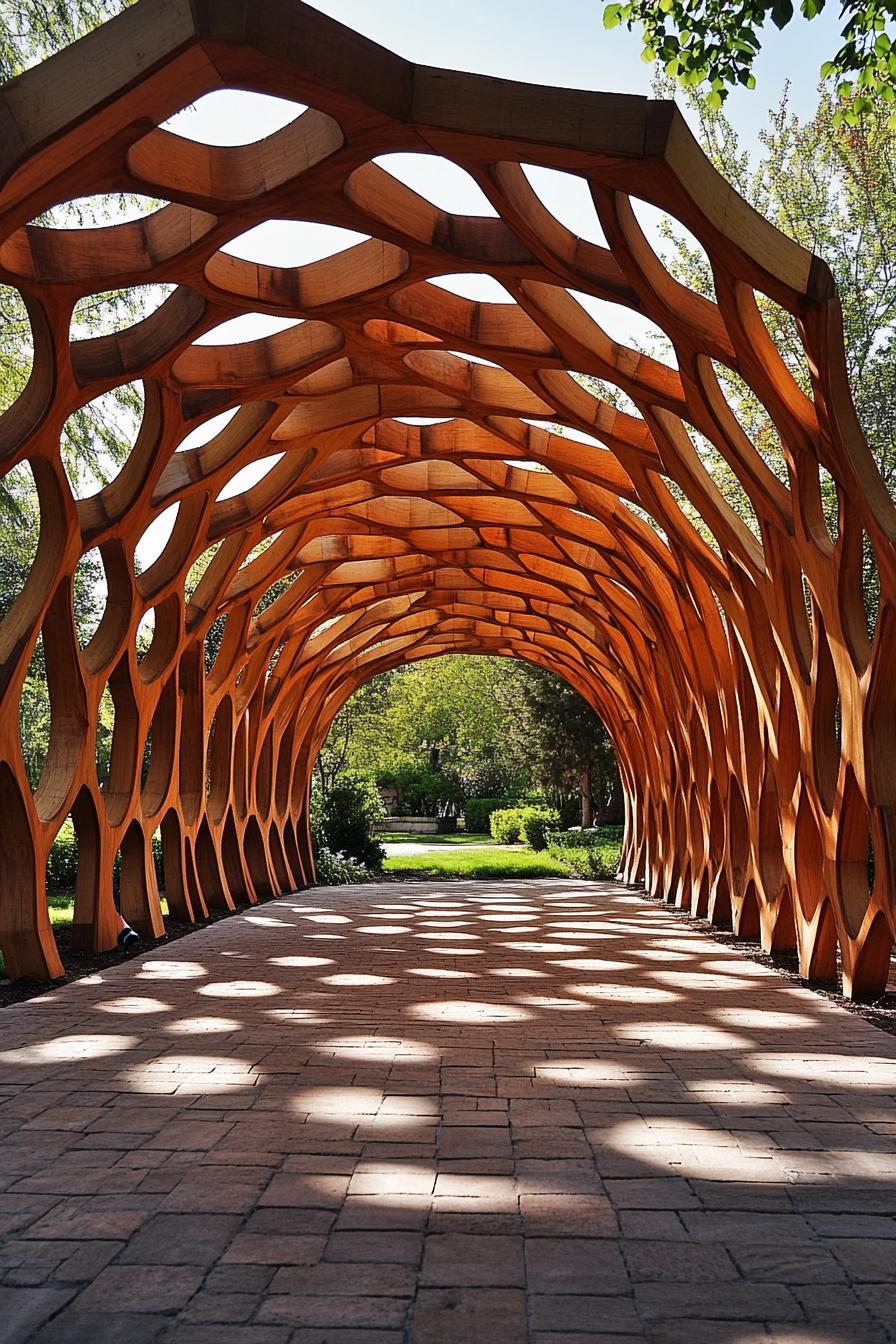 pavilion features a large angular wooden pergola like frame with a sloping roof and repeated beams creating a tunnel like entrance that emphasizes 1