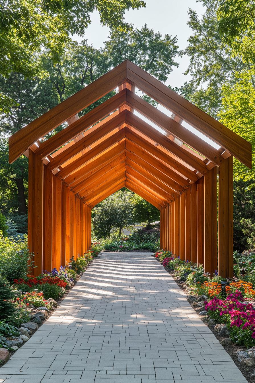 Wooden archway structure over a garden path