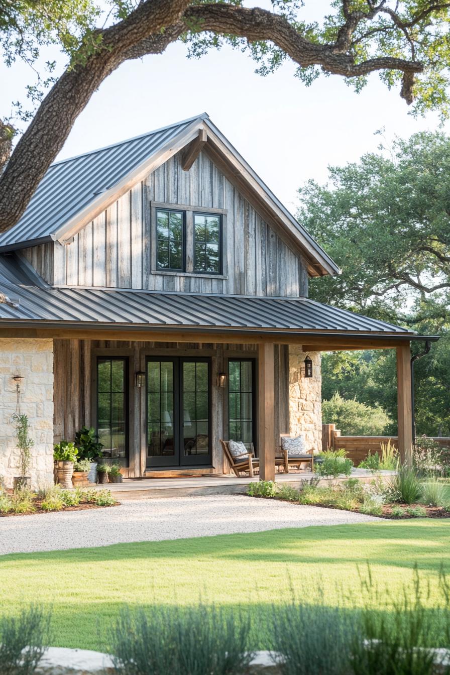 Cozy farmhouse with stone and wood accents