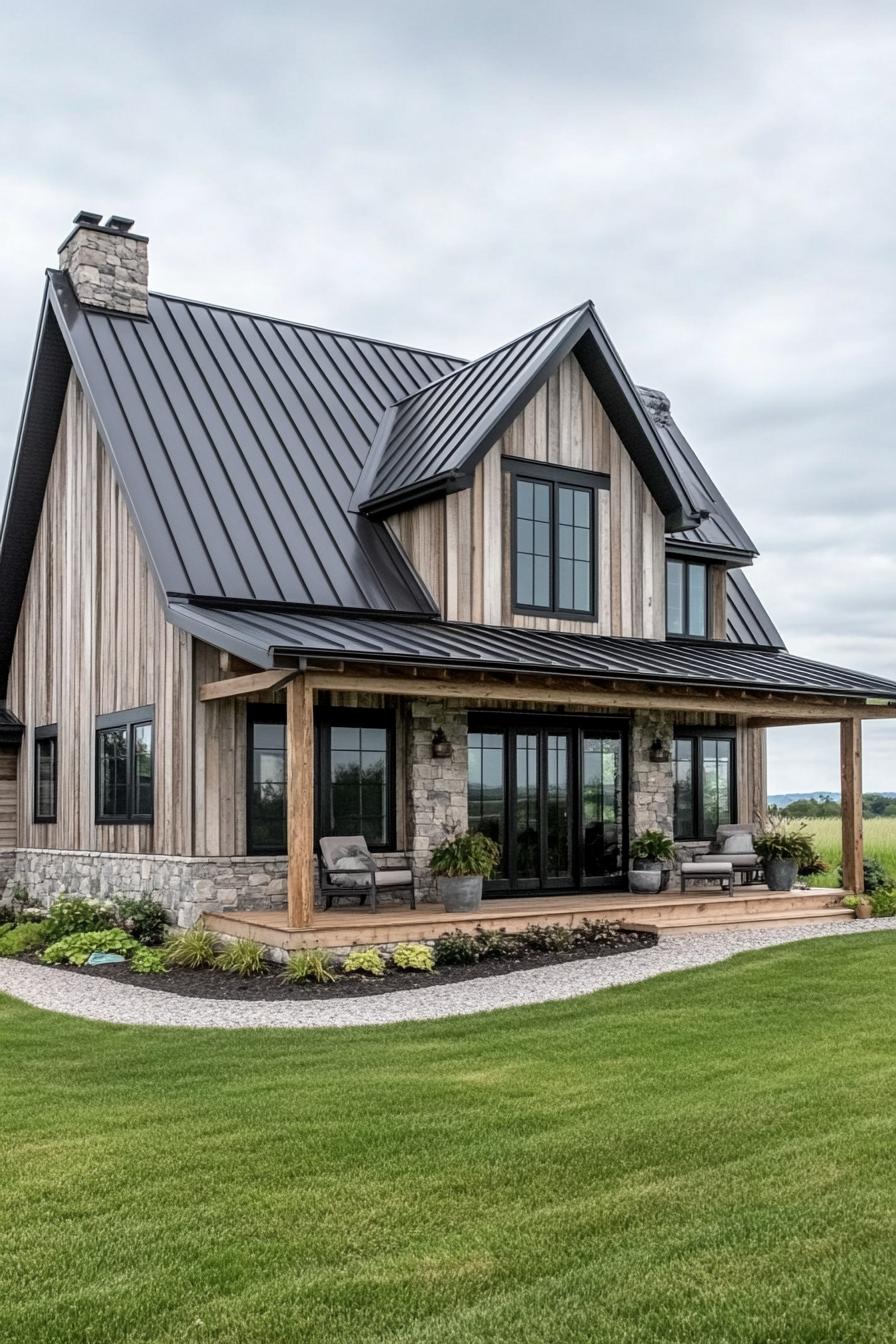 Wood and stone farmhouse with metal roof and porch