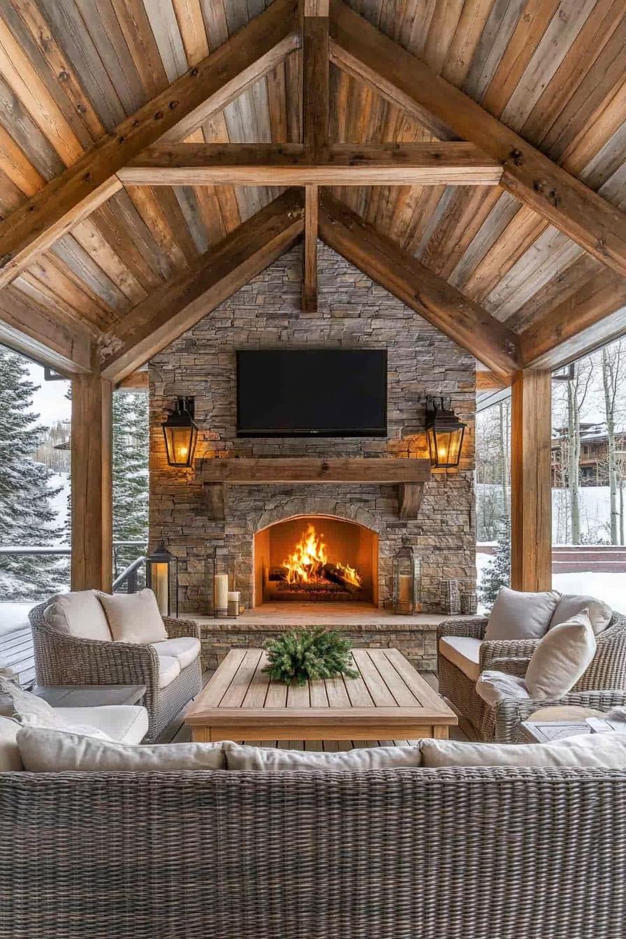 Outdoor patio with stone fireplace and cozy seating