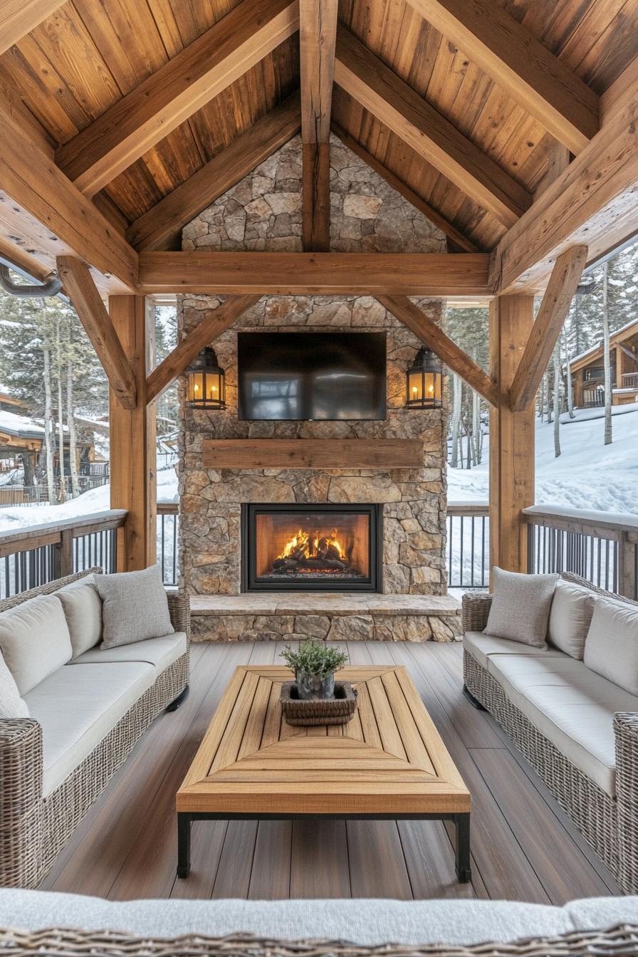 Cozy cabin deck with roaring fireplace and comfy seating