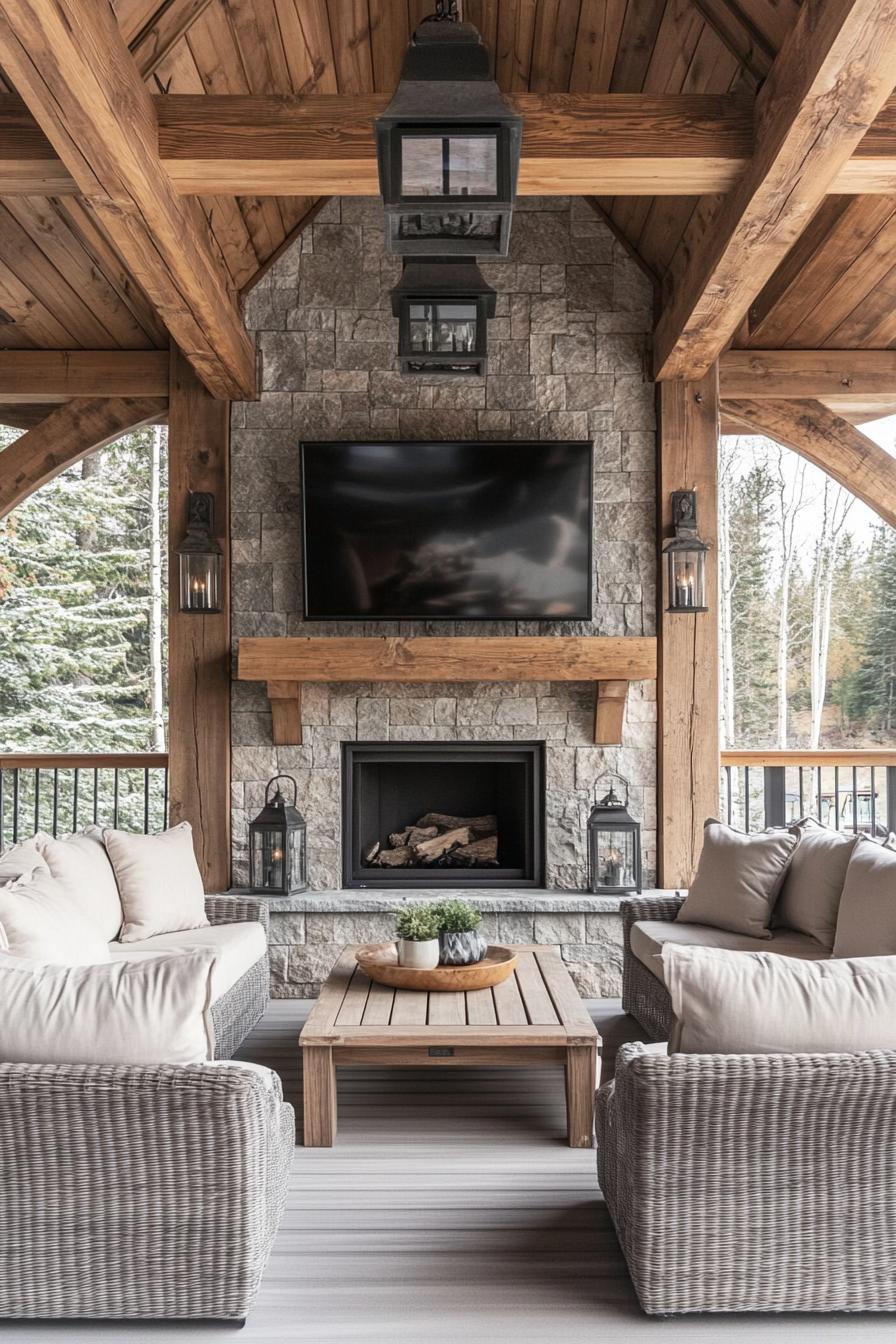 Outdoor seating area with stone fireplace and TV