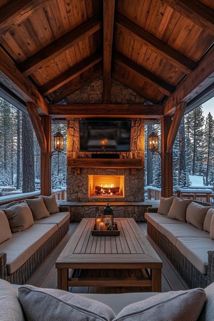 Cozy outdoor room with fireplace and comfy seating