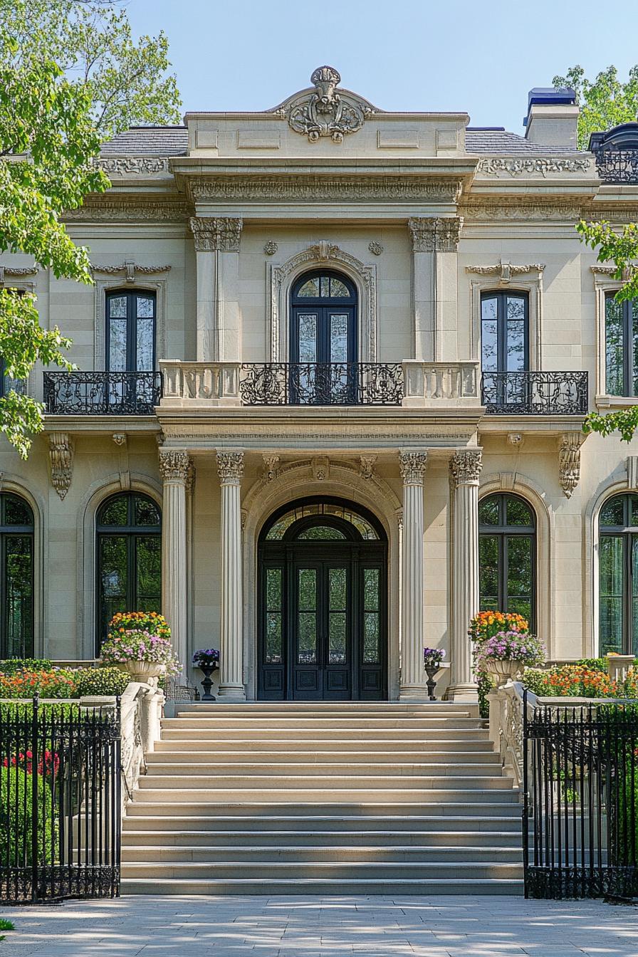 Elegant mansion with grand staircase and lush greenery