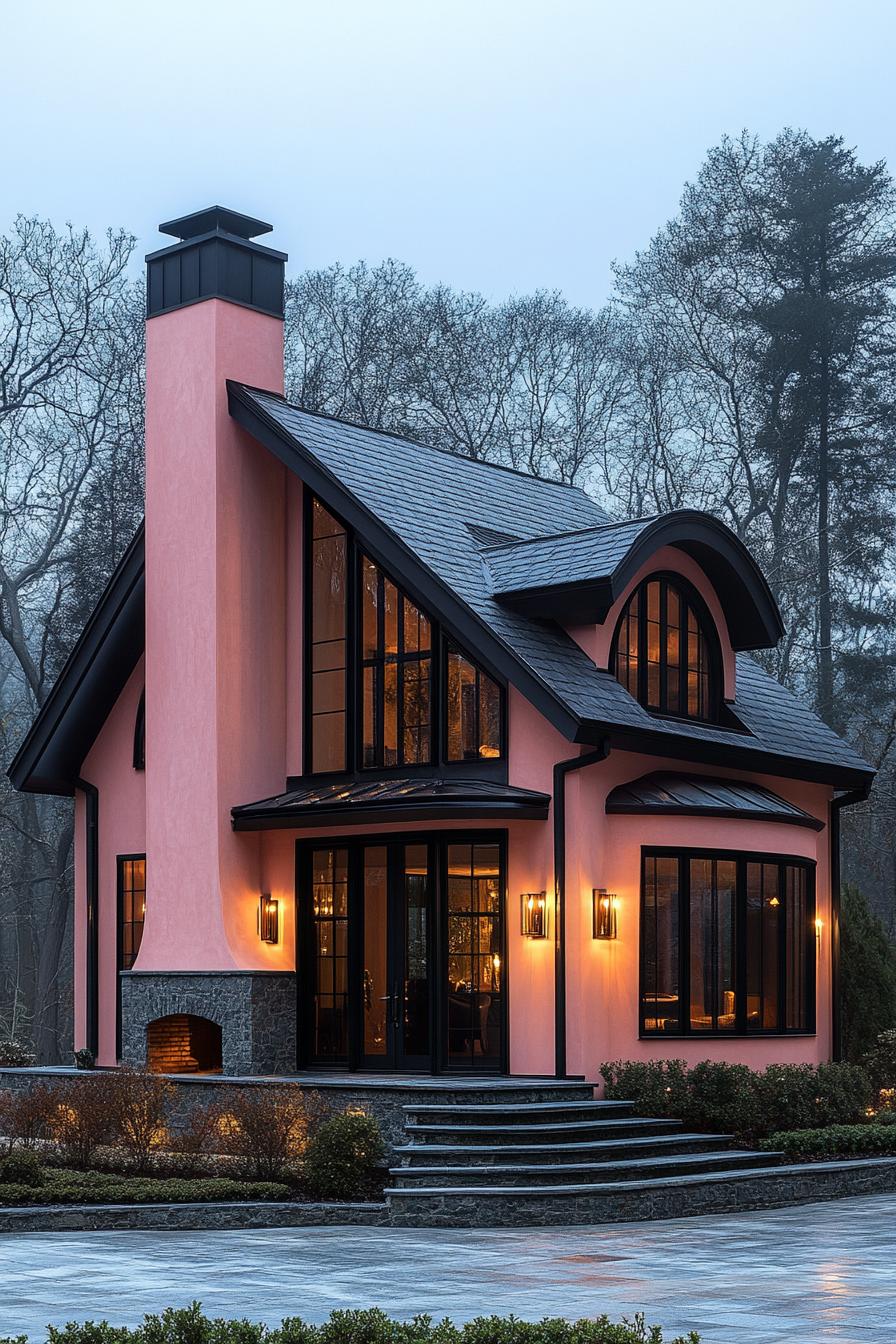 Charming pink house with large windows among towering trees