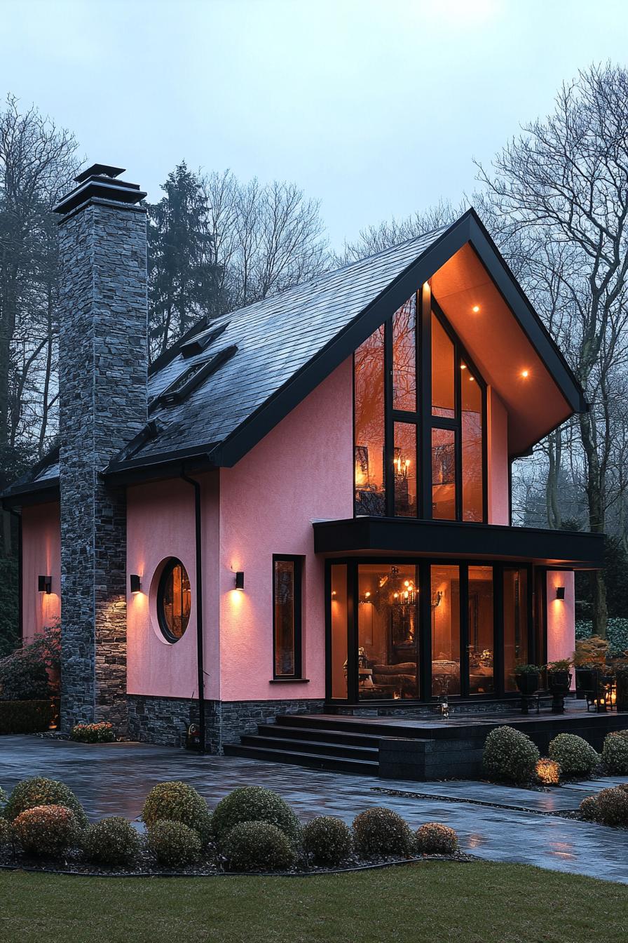 Modern house with a pink facade and large windows, surrounded by trees