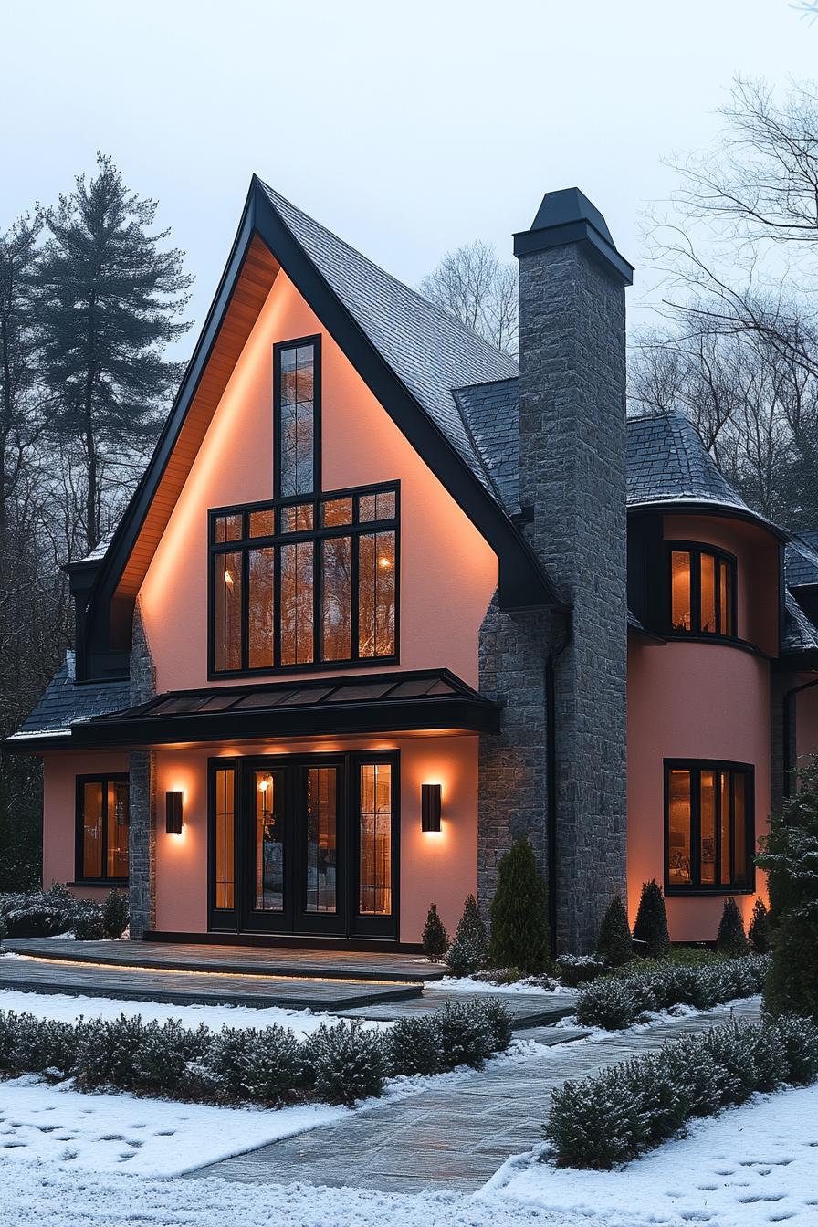 Modern house with steep roof and glowing windows