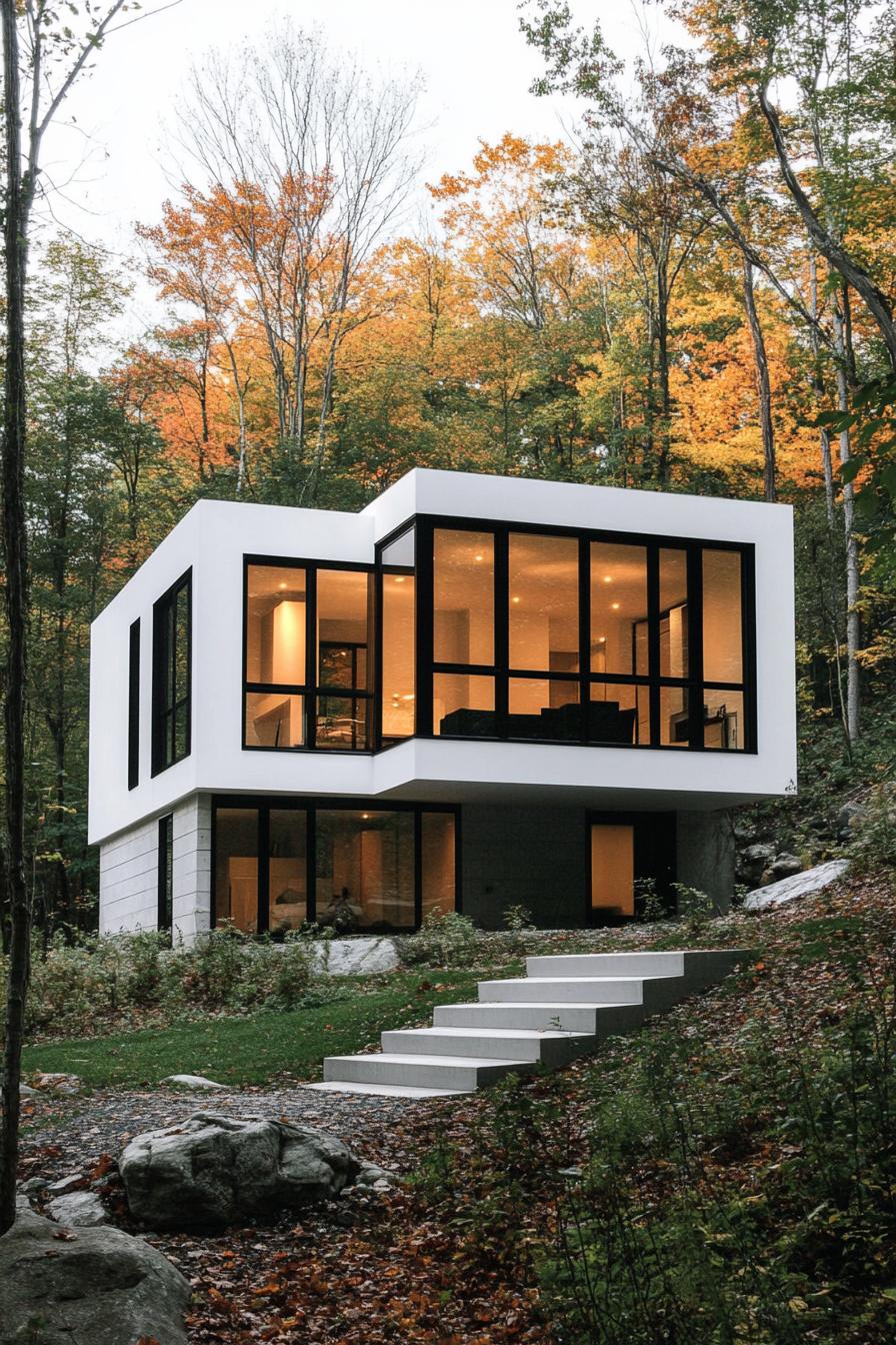 Modern split-level white house surrounded by autumn trees