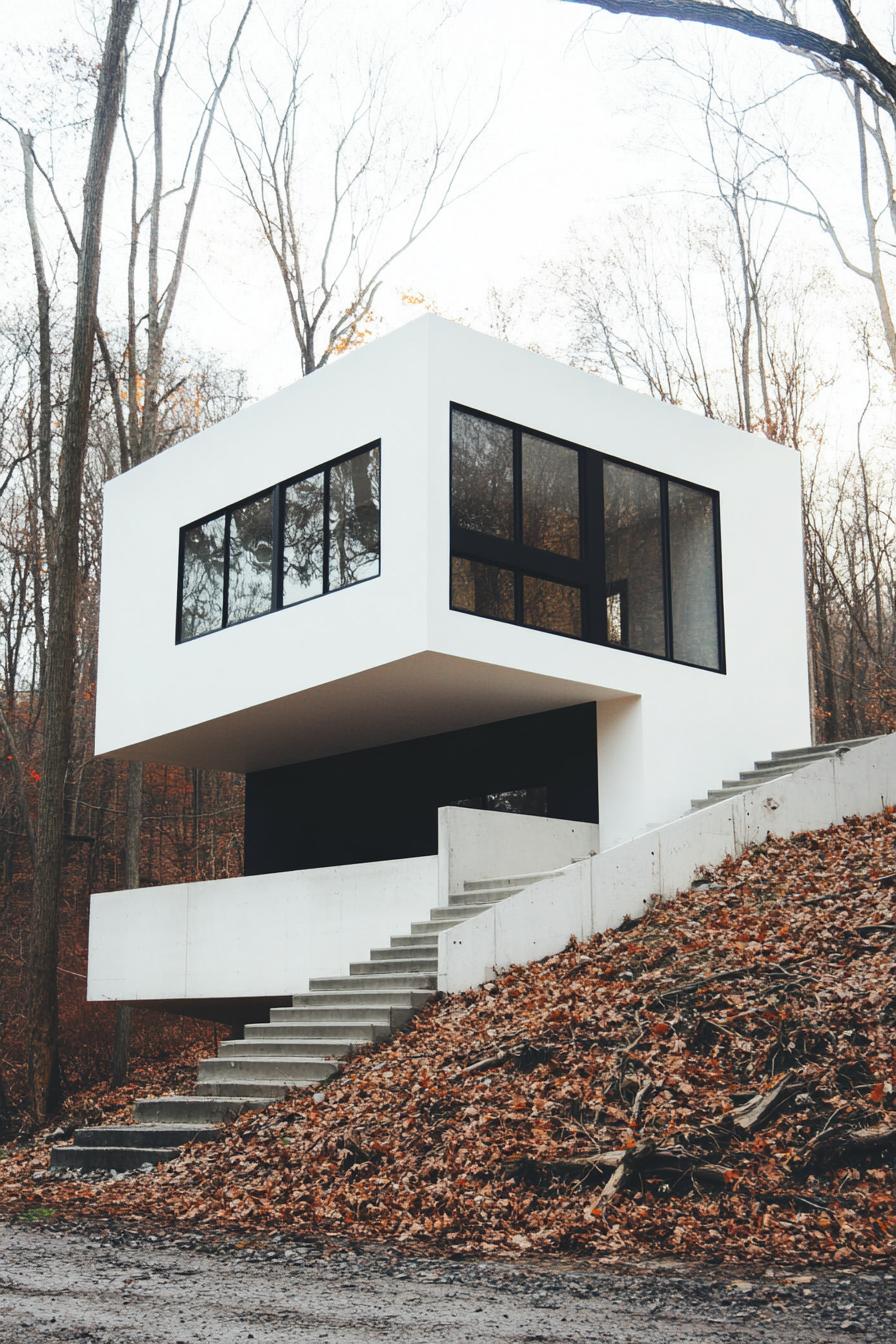 Modern split level home amidst trees, with large windows