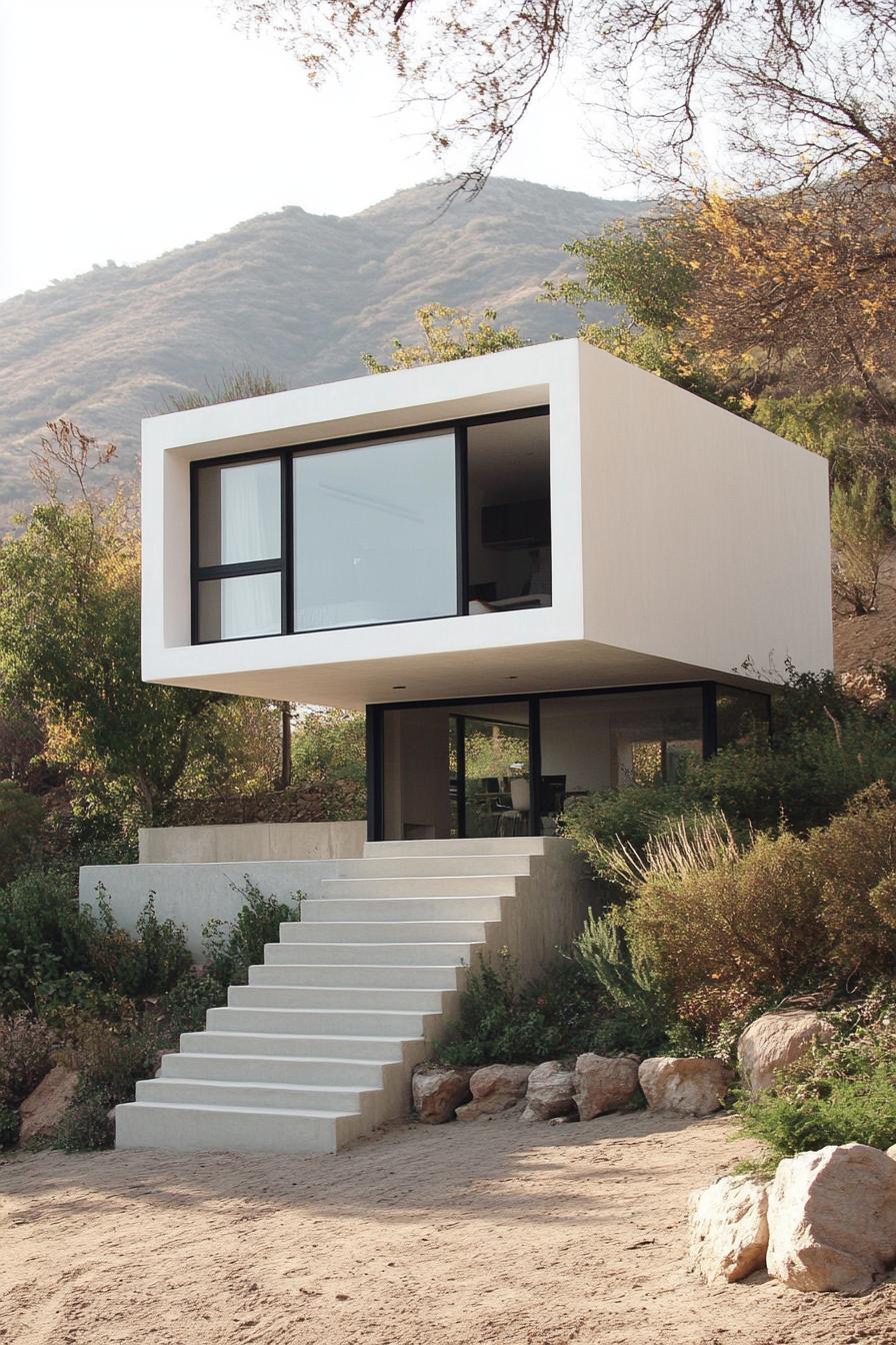 Square structure surrounded by greenery and hills