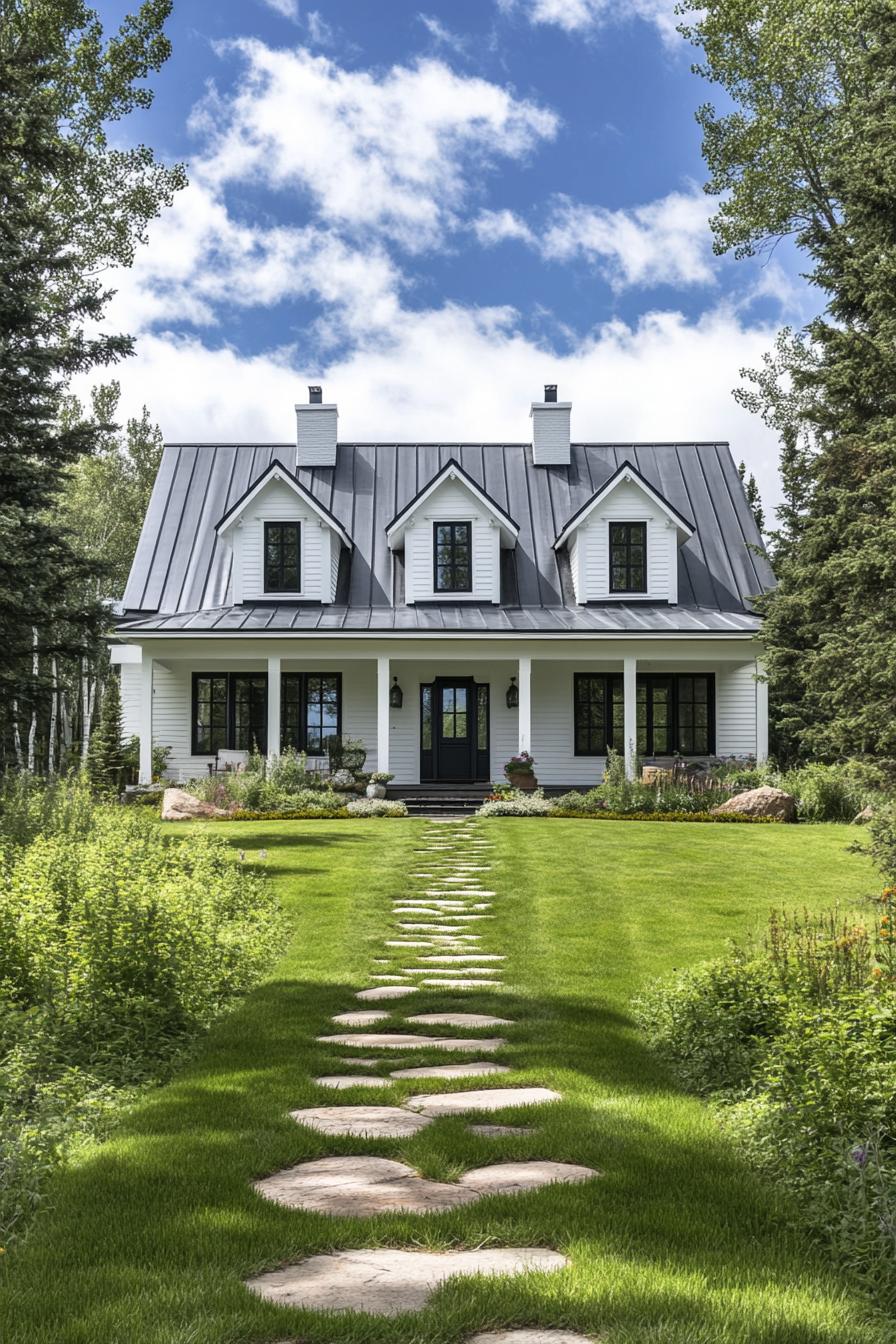 White farmhouse with metal roof and green lawn