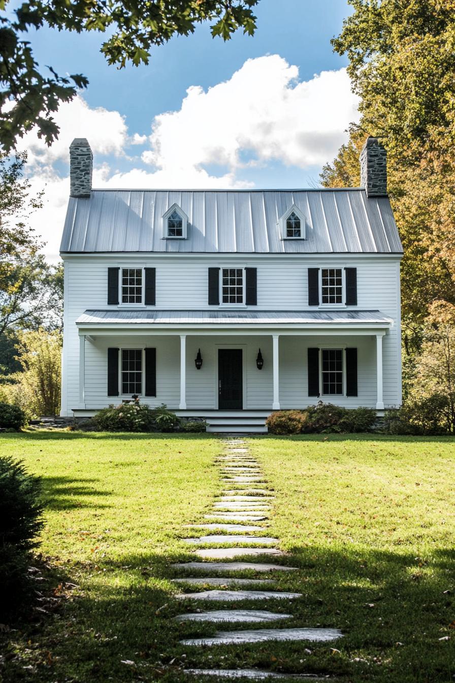 White farmhouse with a silver metal roof on a lush green lawn