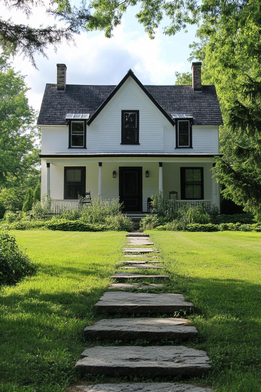 Classic farmhouse with path through green lawn